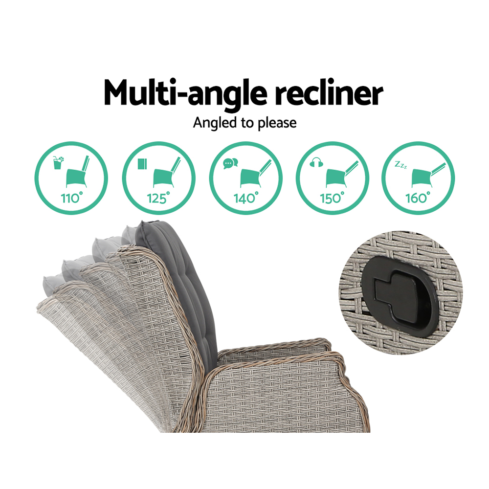 Gardeon 5PC Recliner Chairs Table Sun lounge Wicker Outdoor Furniture Adjustable Grey - Image 7