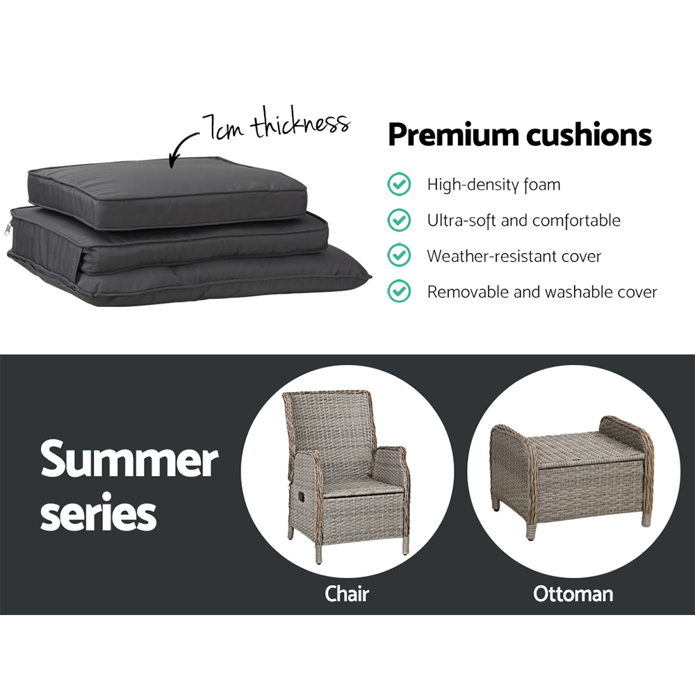 Gardeon 5PC Recliner Chairs Table Sun lounge Wicker Outdoor Furniture Adjustable Grey - Image 8