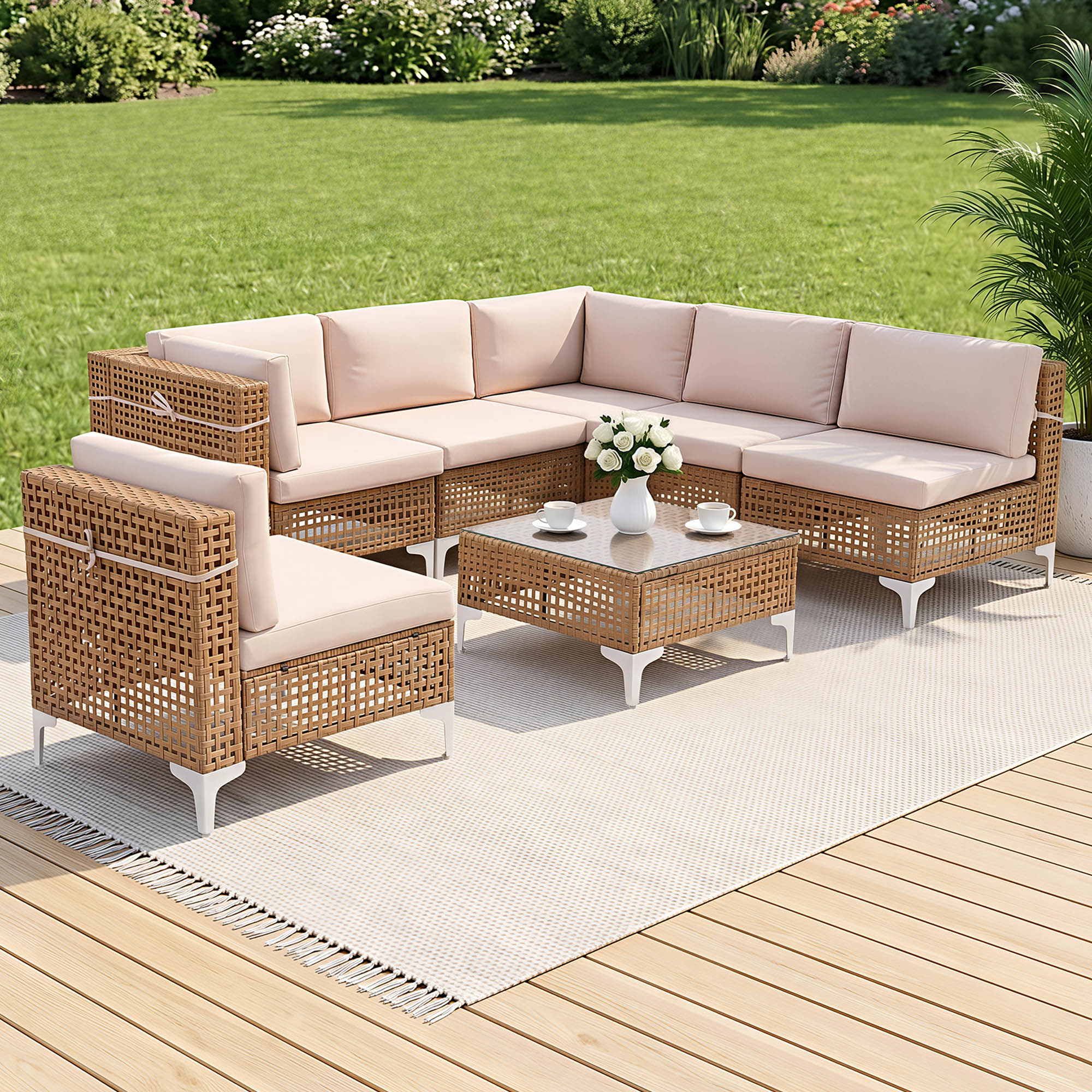 Gardeon 6 Seater Outdoor Sofa Set 7PCS Table Chair Set Garden Rattan Patio Furniture - Image 1