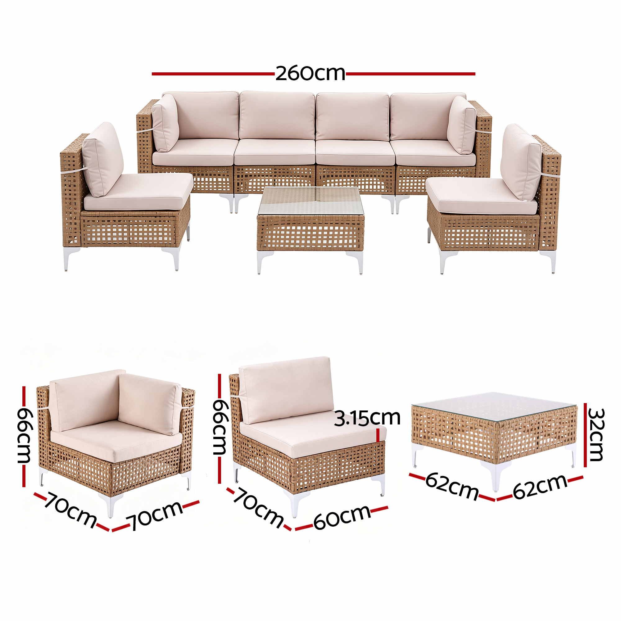 Gardeon 6 Seater Outdoor Sofa Set 7PCS Table Chair Set Garden Rattan Patio Furniture - Image 2
