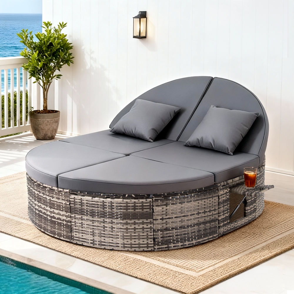 Gardeon Outdoor Day Bed Sun Lounge Setting Wicker Lounger Patio Furniture w/ Retractable Side Tray - Image 1