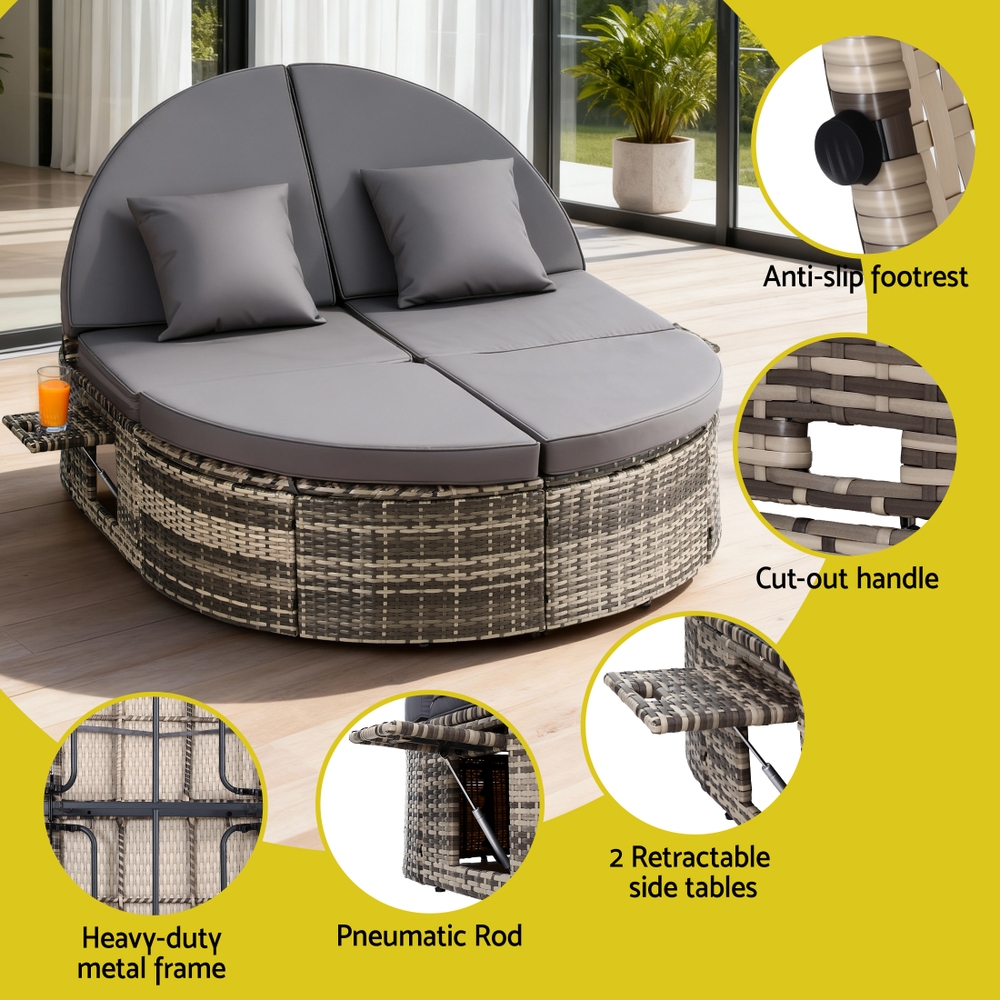 Gardeon Outdoor Day Bed Sun Lounge Setting Wicker Lounger Patio Furniture w/ Retractable Side Tray - Image 5