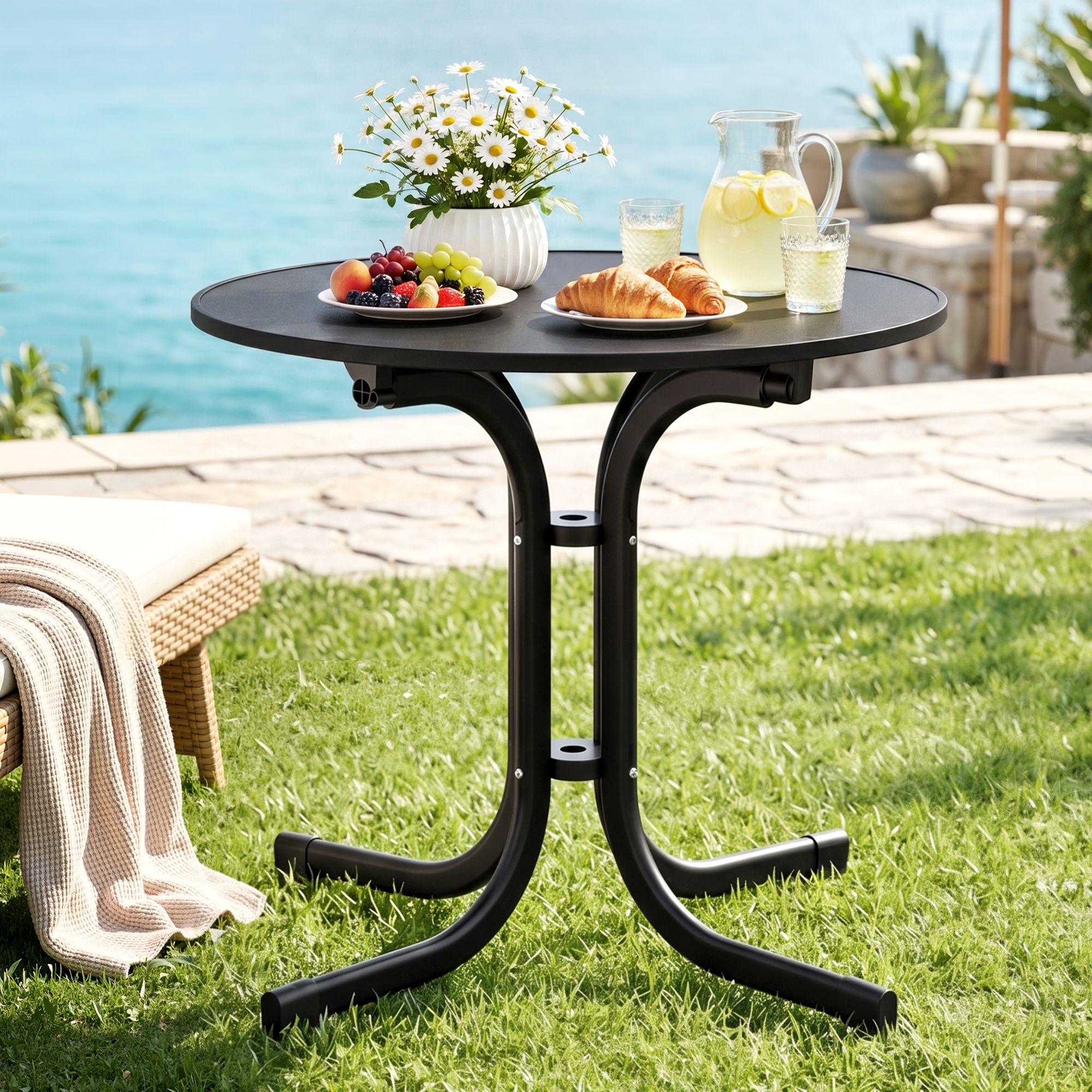Gardeon Outdoor Side Table 80cm Folding Steel Round Bistro Desk Cafe Patio Furniture Black - Image 1