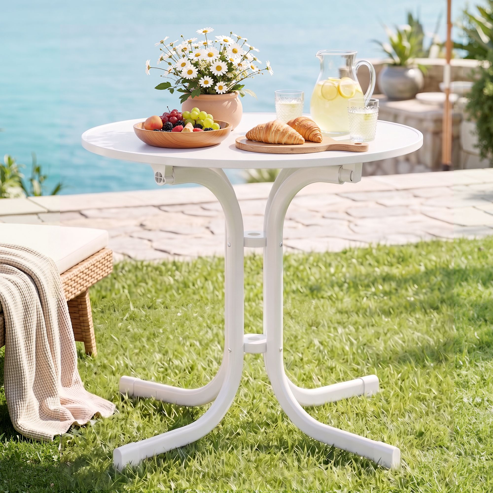 Gardeon Outdoor Side Table 80cm Folding Steel Round Bistro Desk Cafe Patio Furniture White - Image 1
