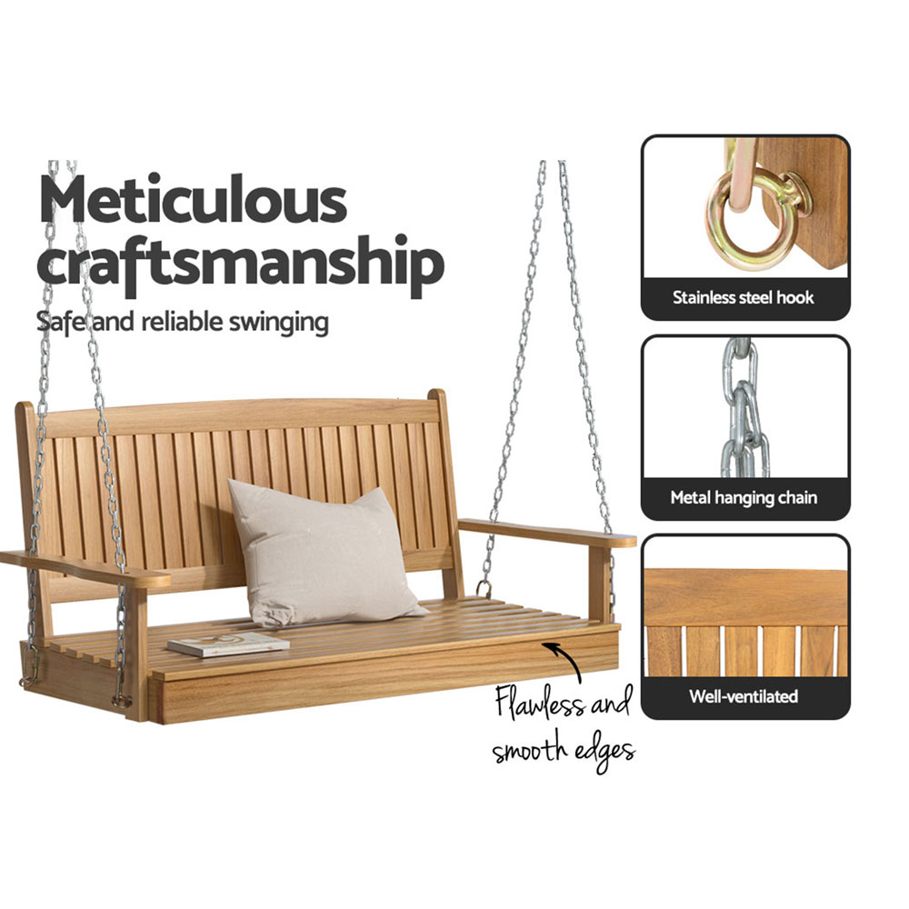 Gardeon Porch Swing Chair With Chain Outdoor Furniture Wooden Bench 2 Seat Teak - Image 5