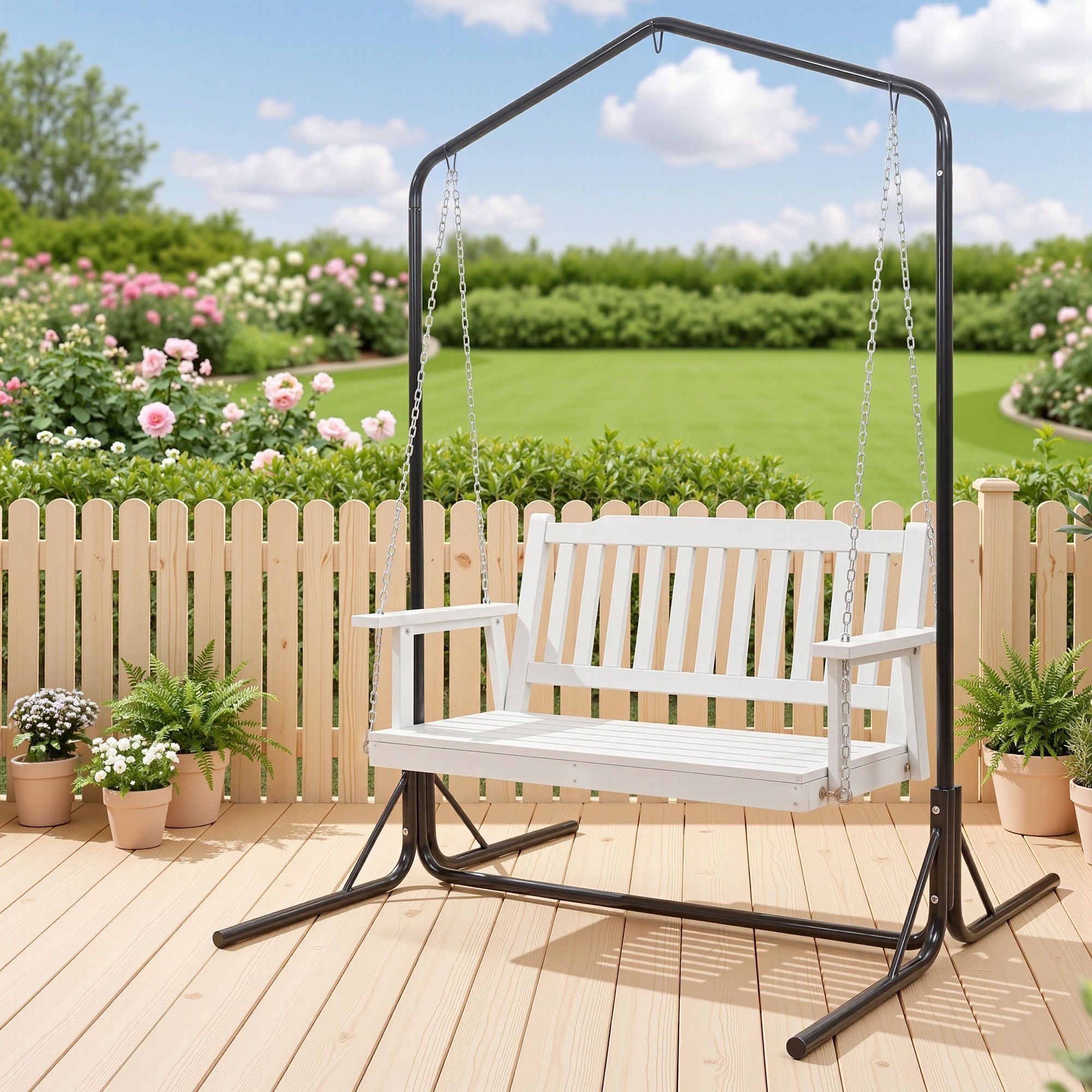 Gardeon Wooden 2-Seater Outdoor Swing Chair with Black Stand White Hanging Chair - Image 1