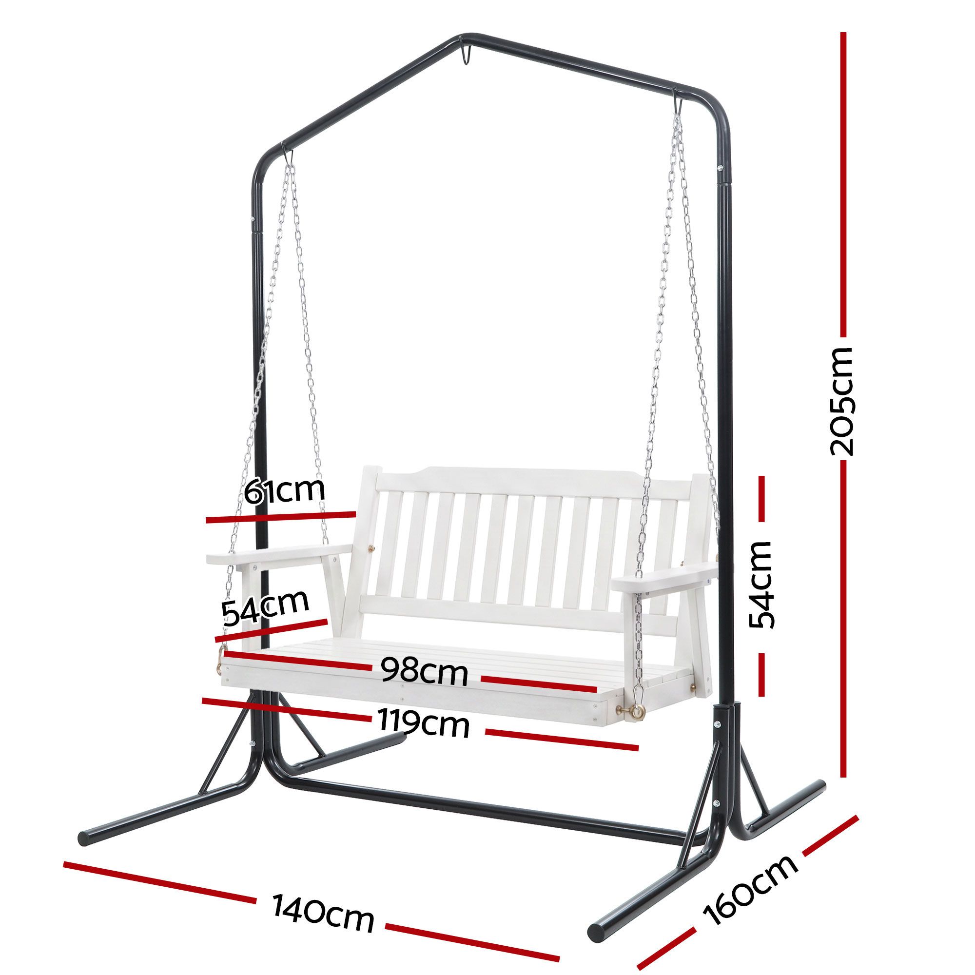 Gardeon Wooden 2-Seater Outdoor Swing Chair with Black Stand White Hanging Chair - Image 2