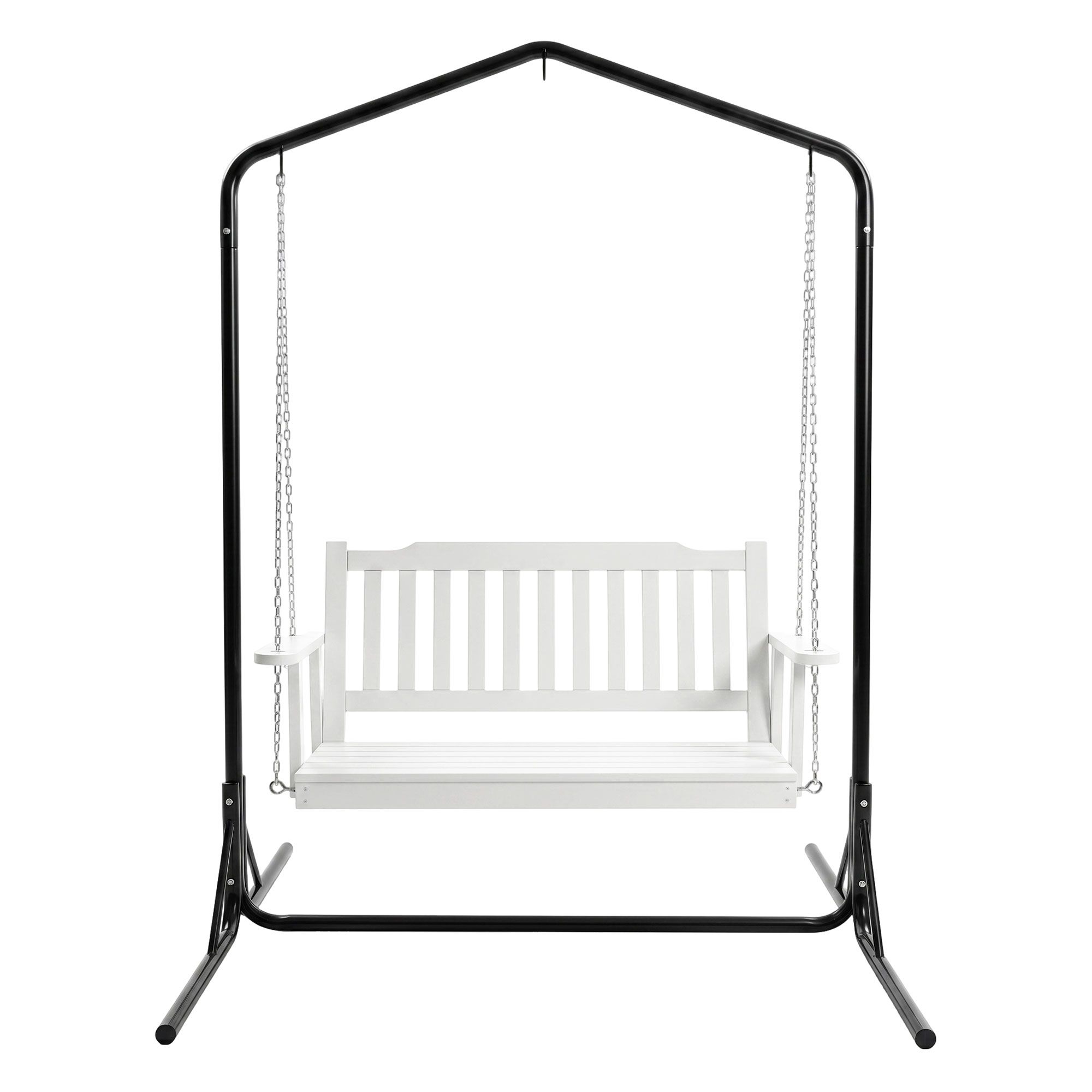 Gardeon Wooden 2-Seater Outdoor Swing Chair with Black Stand White Hanging Chair - Image 3