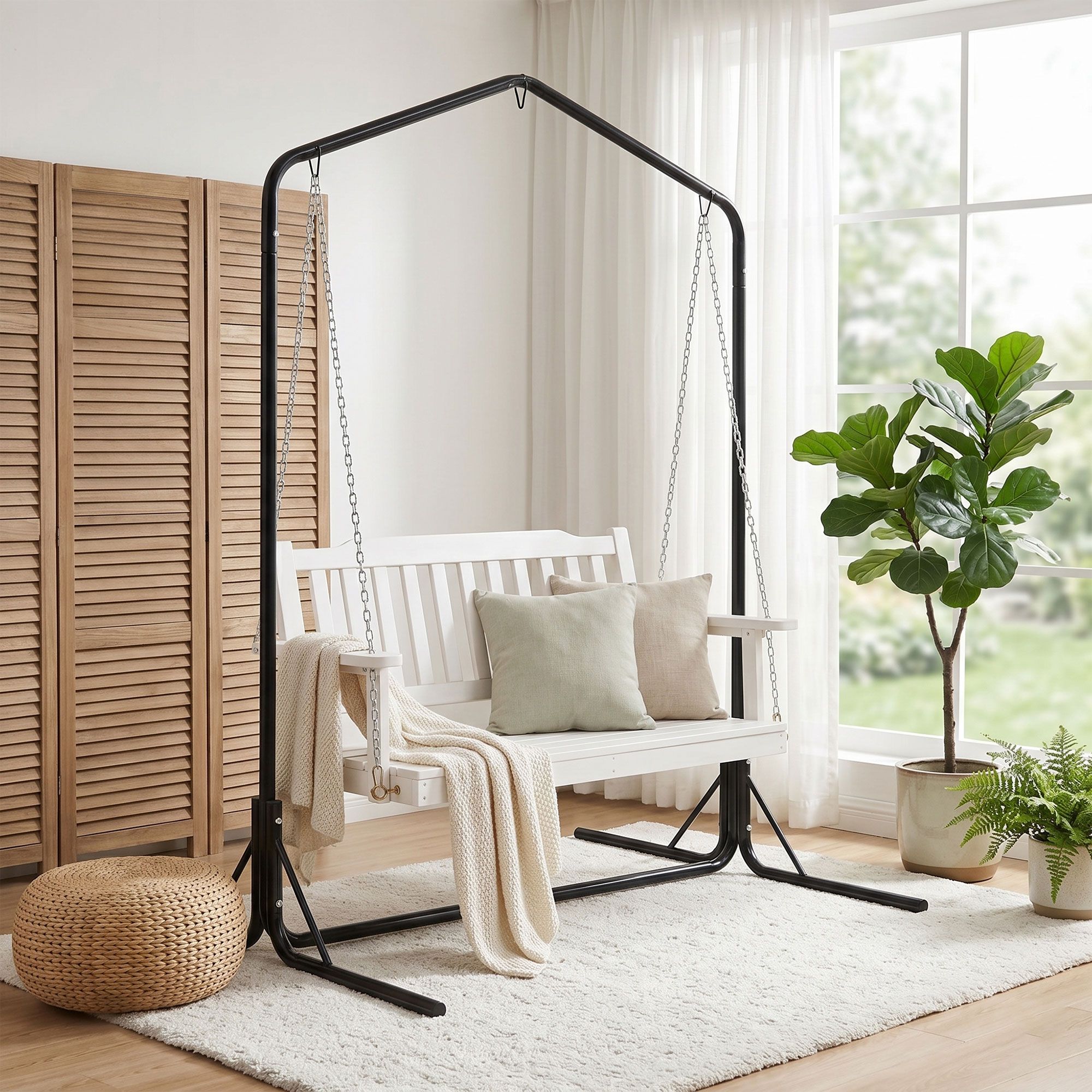 Gardeon Wooden 2-Seater Outdoor Swing Chair with Black Stand White Hanging Chair - Image 7