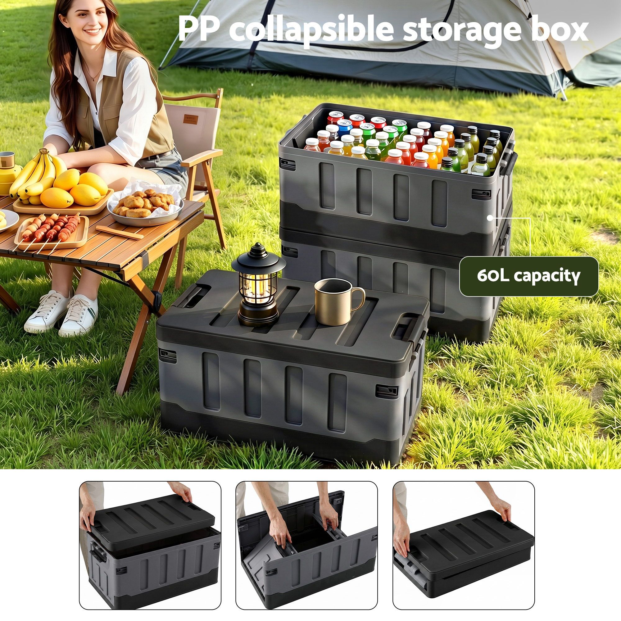 Gardeon Collapsible Outdoor Storage Box 60L Stackable Folding Camping Organizer Black - Image 4