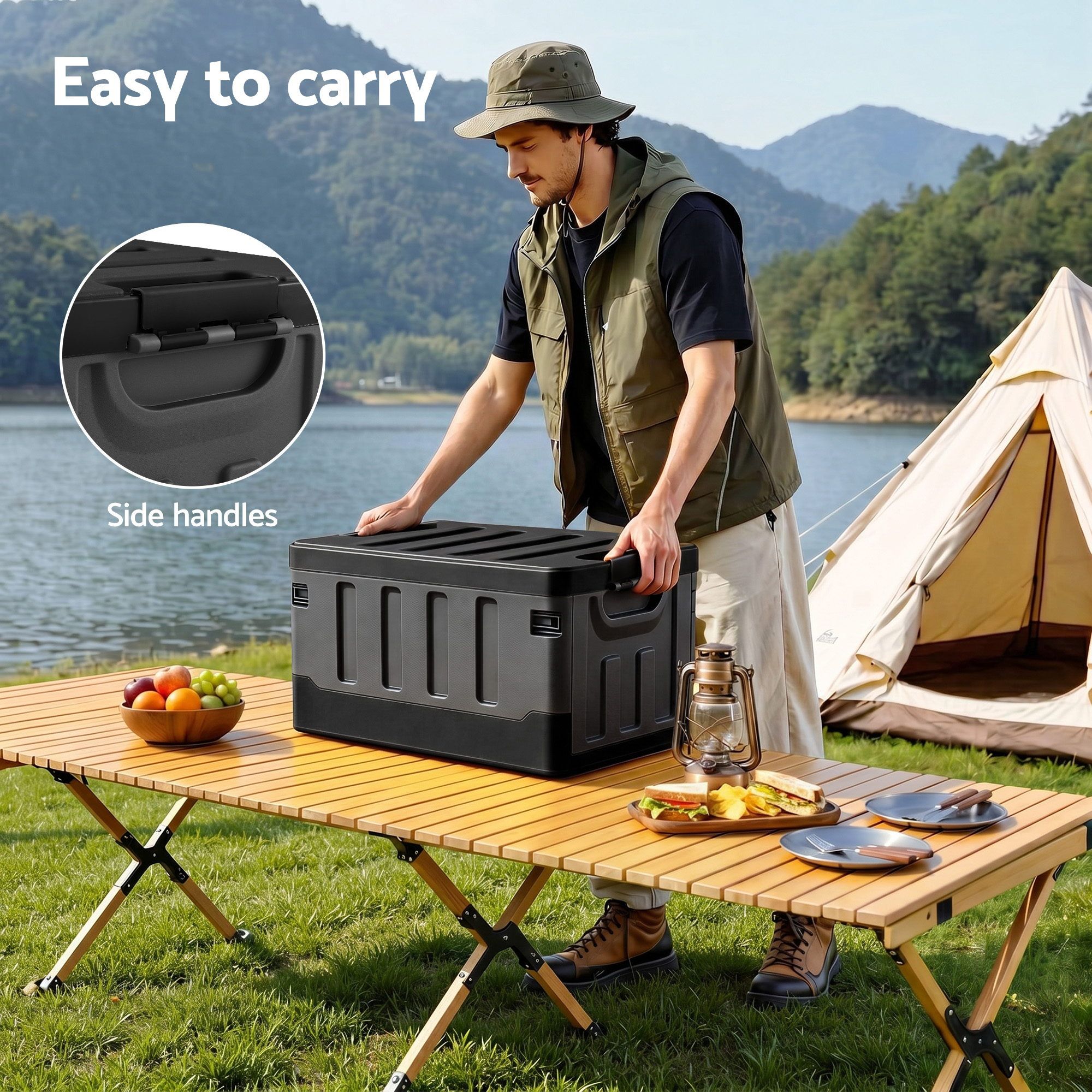 Gardeon Collapsible Outdoor Storage Box 60L Stackable Folding Camping Organizer Black - Image 6
