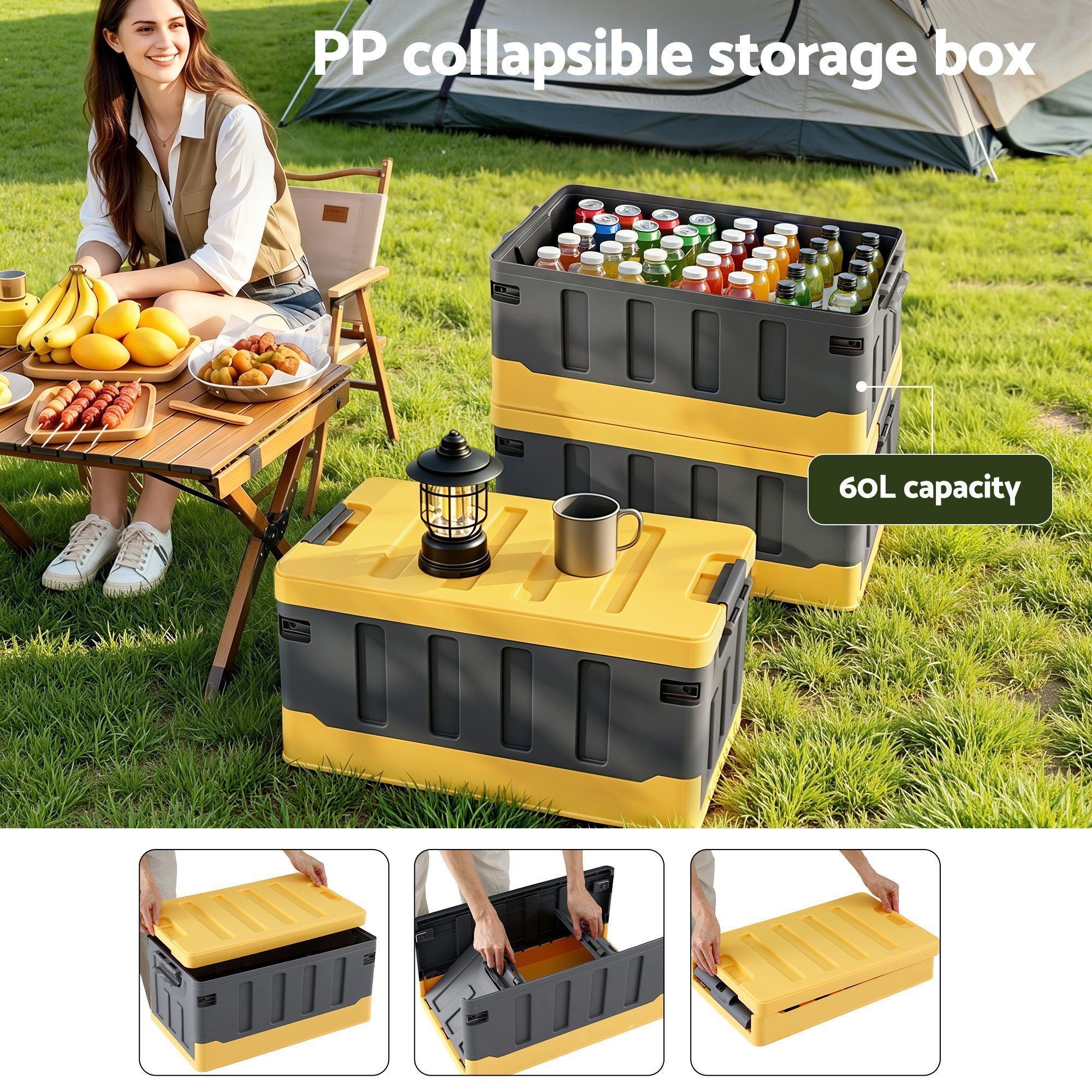 Gardeon Collapsible Outdoor Storage Box 60L Stackable Folding Camping Organizer Yellow - Image 4