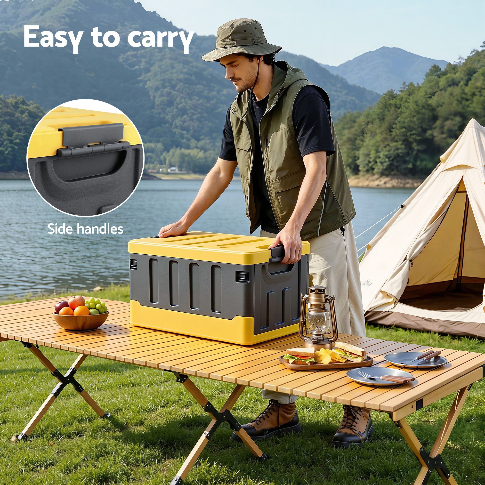 Gardeon Collapsible Outdoor Storage Box 60L Stackable Folding Camping Organizer Yellow - Image 6