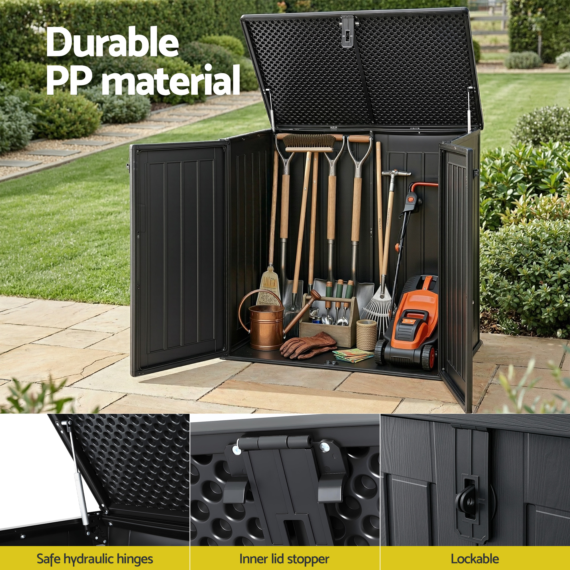 Gardeon Outdoor Storage Box 775L Container Lockable Cabinet Tool Organizer Shed Black - Image 5