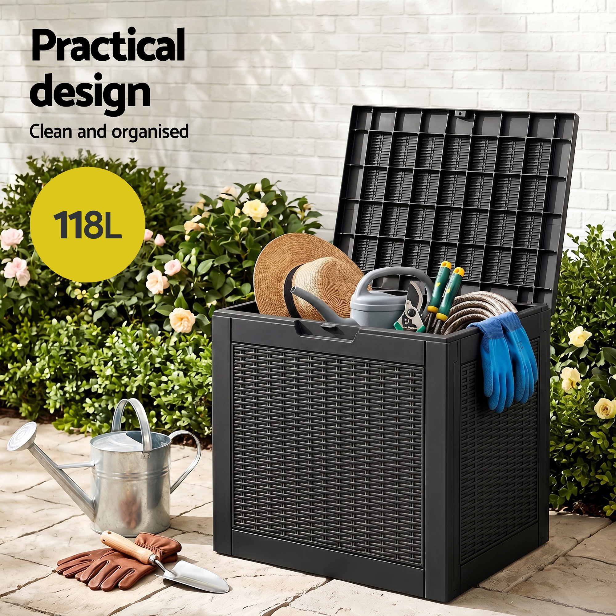 Gardeon Outdoor Storage Box 118L Container Lockable Garden Toy Tool Rattan-Texture Black - Image 4