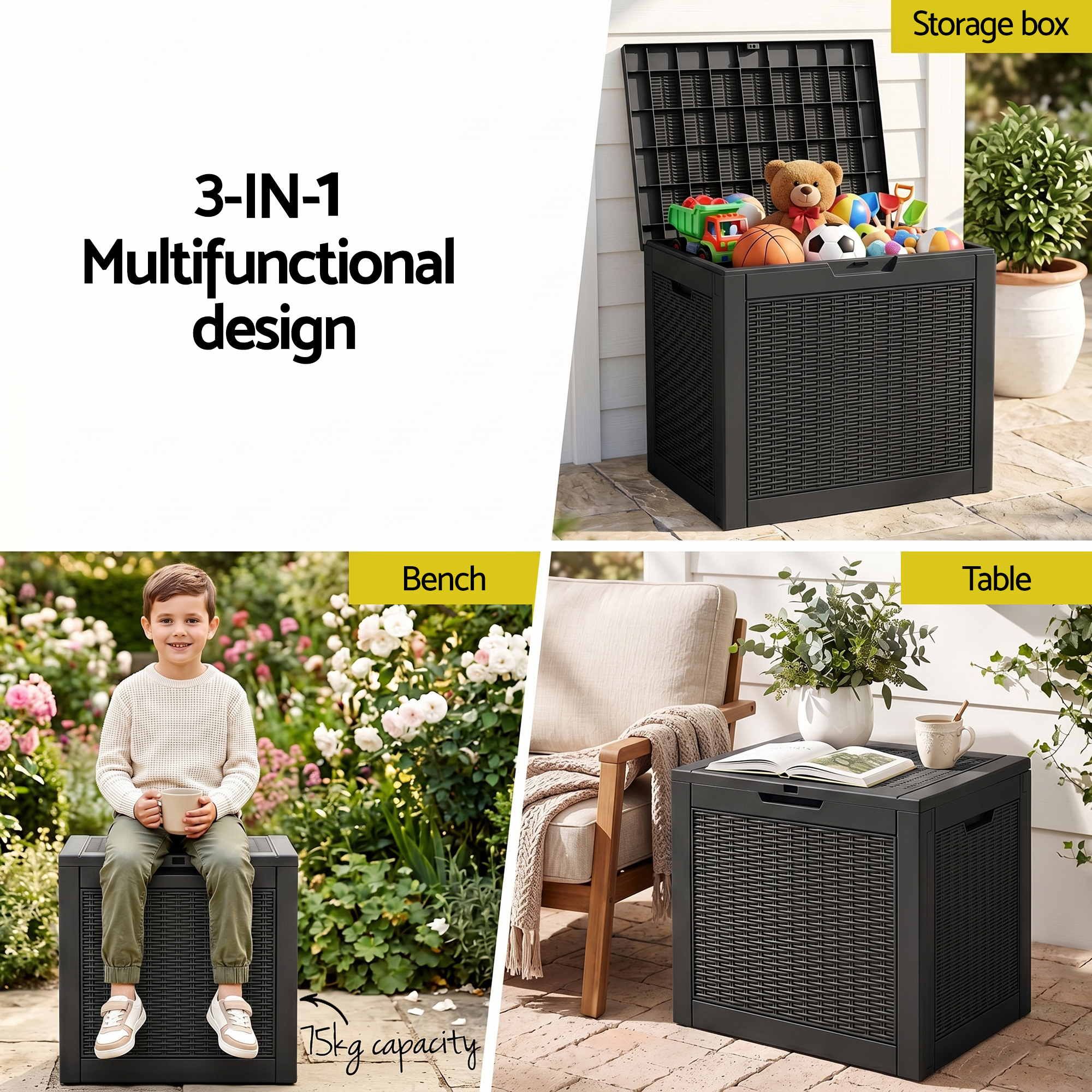Gardeon Outdoor Storage Box 118L Container Lockable Garden Toy Tool Rattan-Texture Black - Image 5
