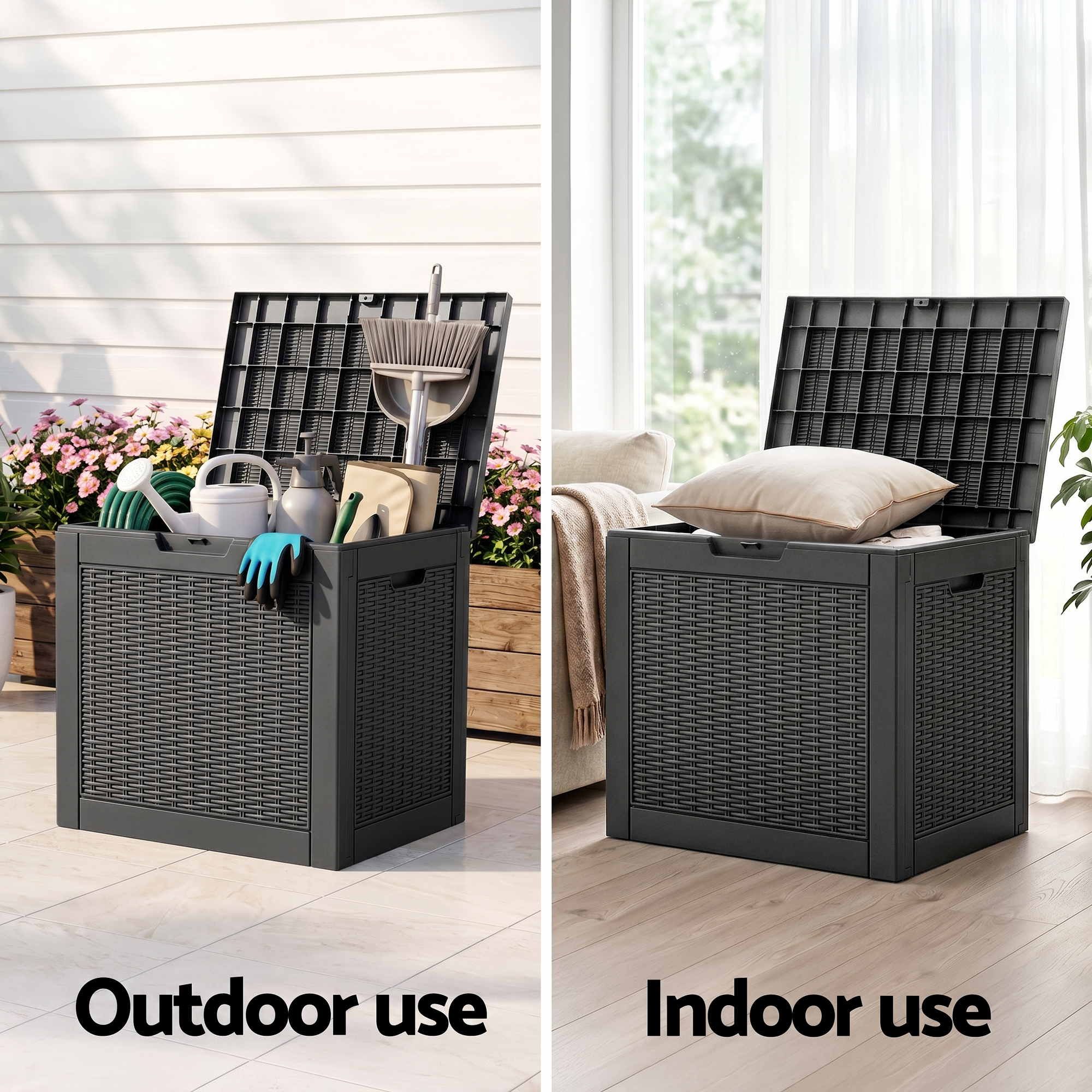 Gardeon Outdoor Storage Box 118L Container Lockable Garden Toy Tool Rattan-Texture Black - Image 7