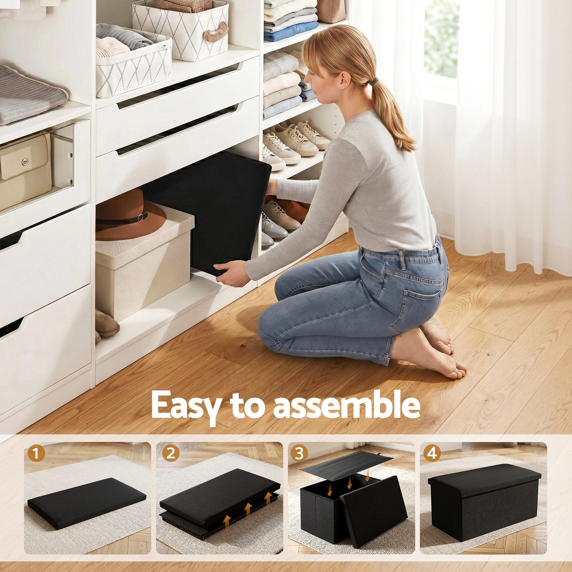 Artiss Storage Ottoman Bench Folding Blanket Box Toy Organiser Foot Stool Black - Image 5