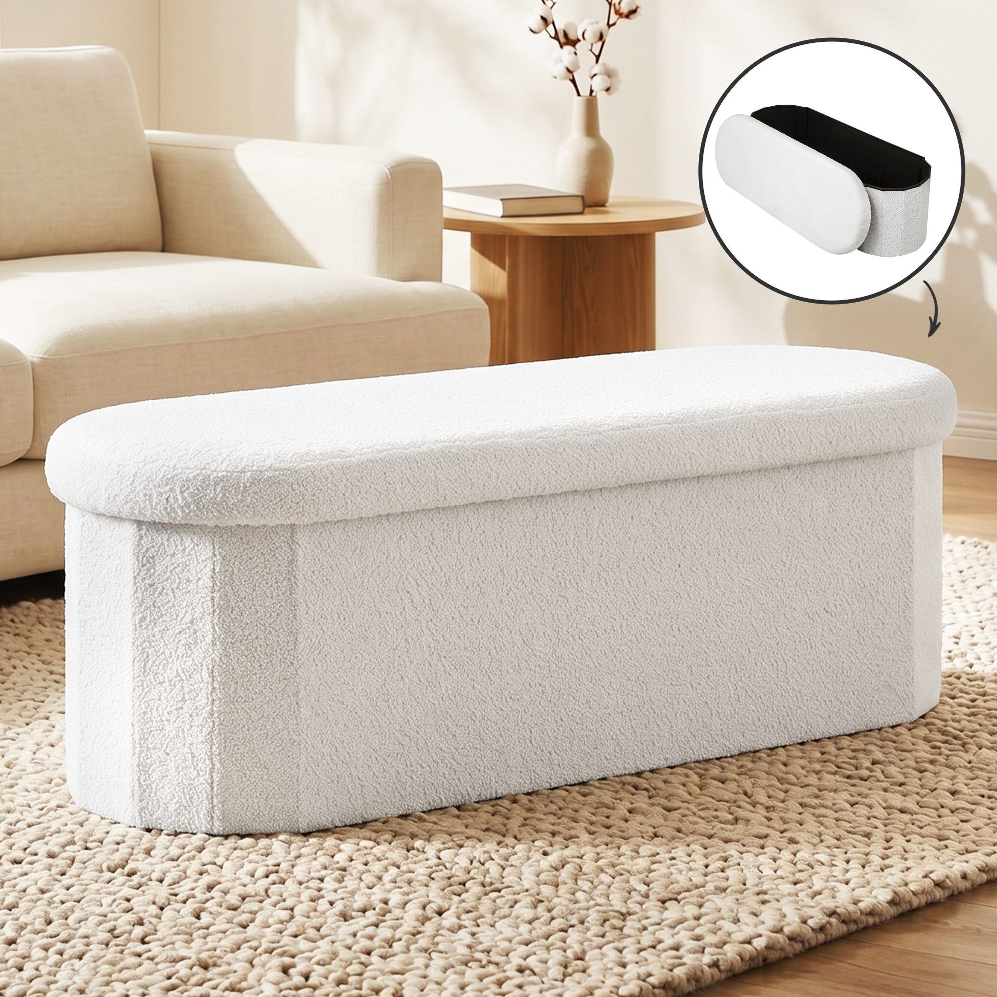 Artiss Storage Ottoman Foot Stool Rest Boucle Fabric Foldable White - Image 1