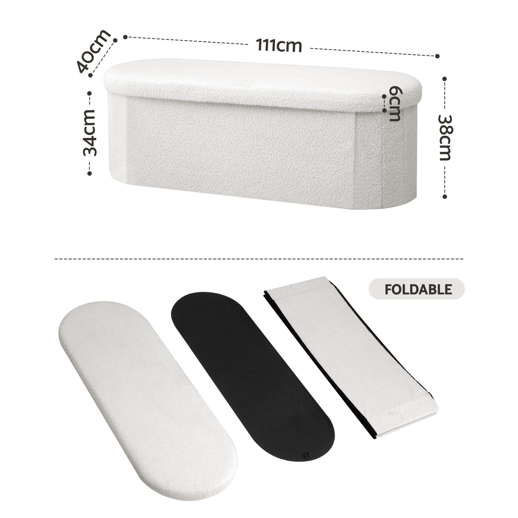 Artiss Storage Ottoman Foot Stool Rest Boucle Fabric Foldable White - Image 3