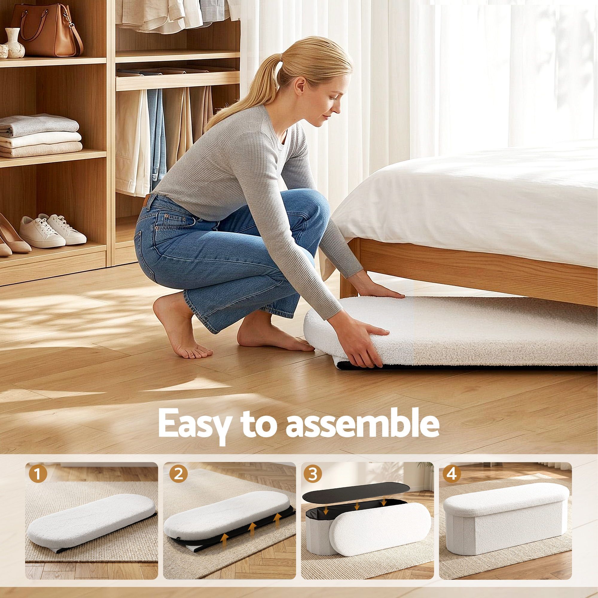 Artiss Storage Ottoman Foot Stool Rest Boucle Fabric Foldable White - Image 5