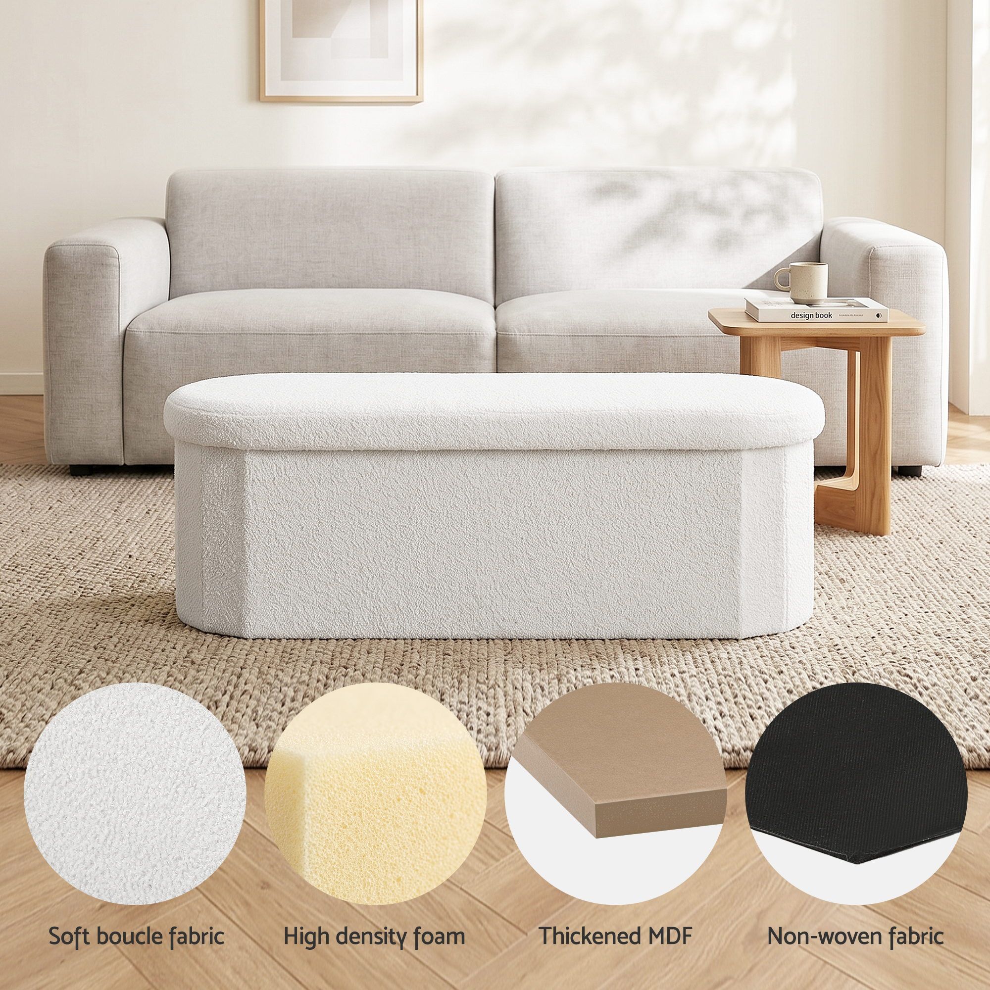 Artiss Storage Ottoman Foot Stool Rest Boucle Fabric Foldable White - Image 6