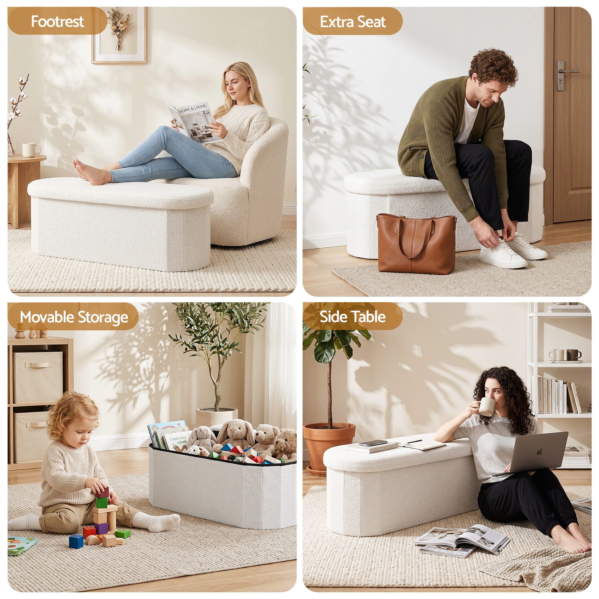 Artiss Storage Ottoman Foot Stool Rest Boucle Fabric Foldable White - Image 7