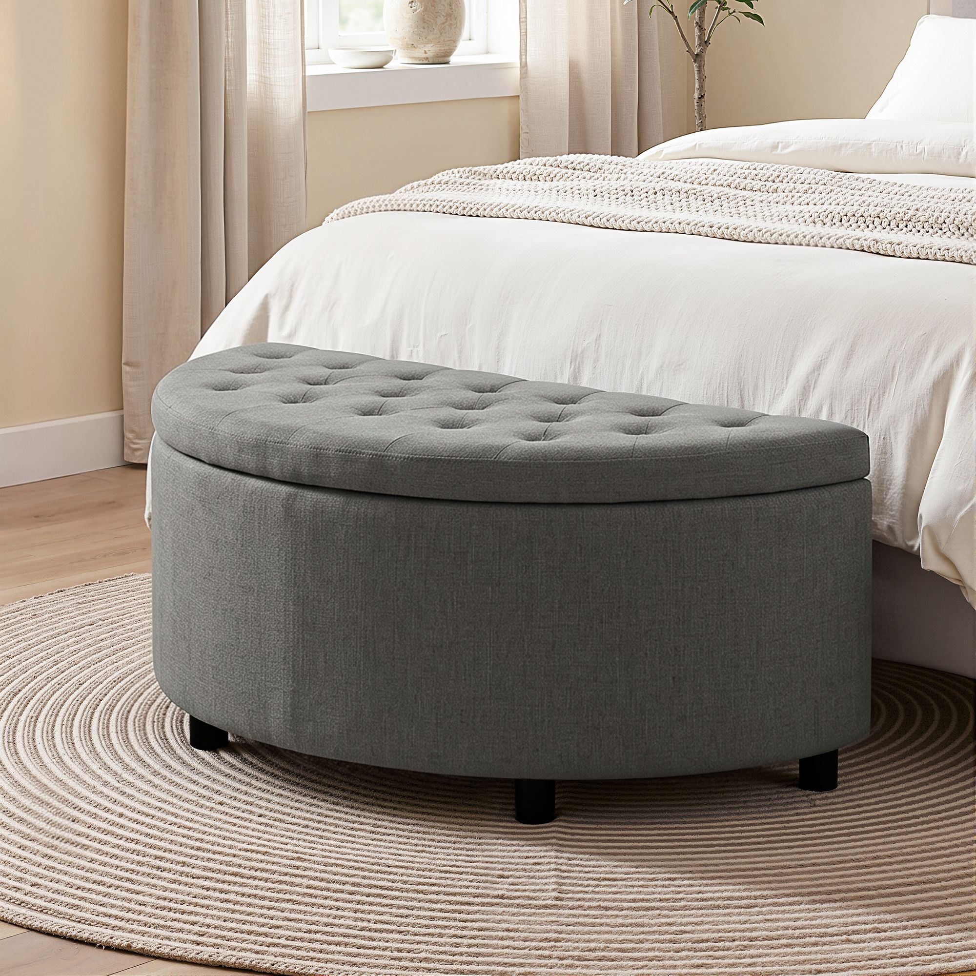 Artiss Storage Ottoman Bench Linen Fabric Tufted Half Round Footstool Grey - Image 1