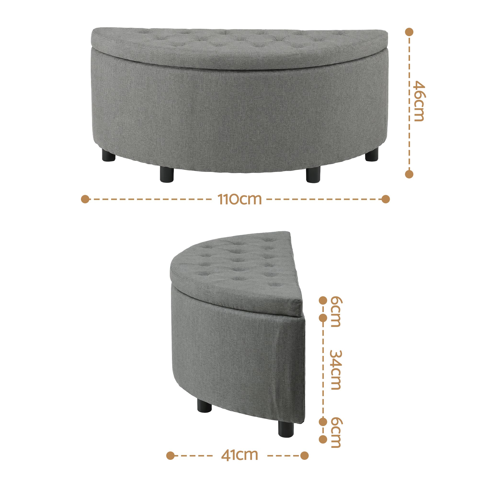 Artiss Storage Ottoman Bench Linen Fabric Tufted Half Round Footstool Grey - Image 3