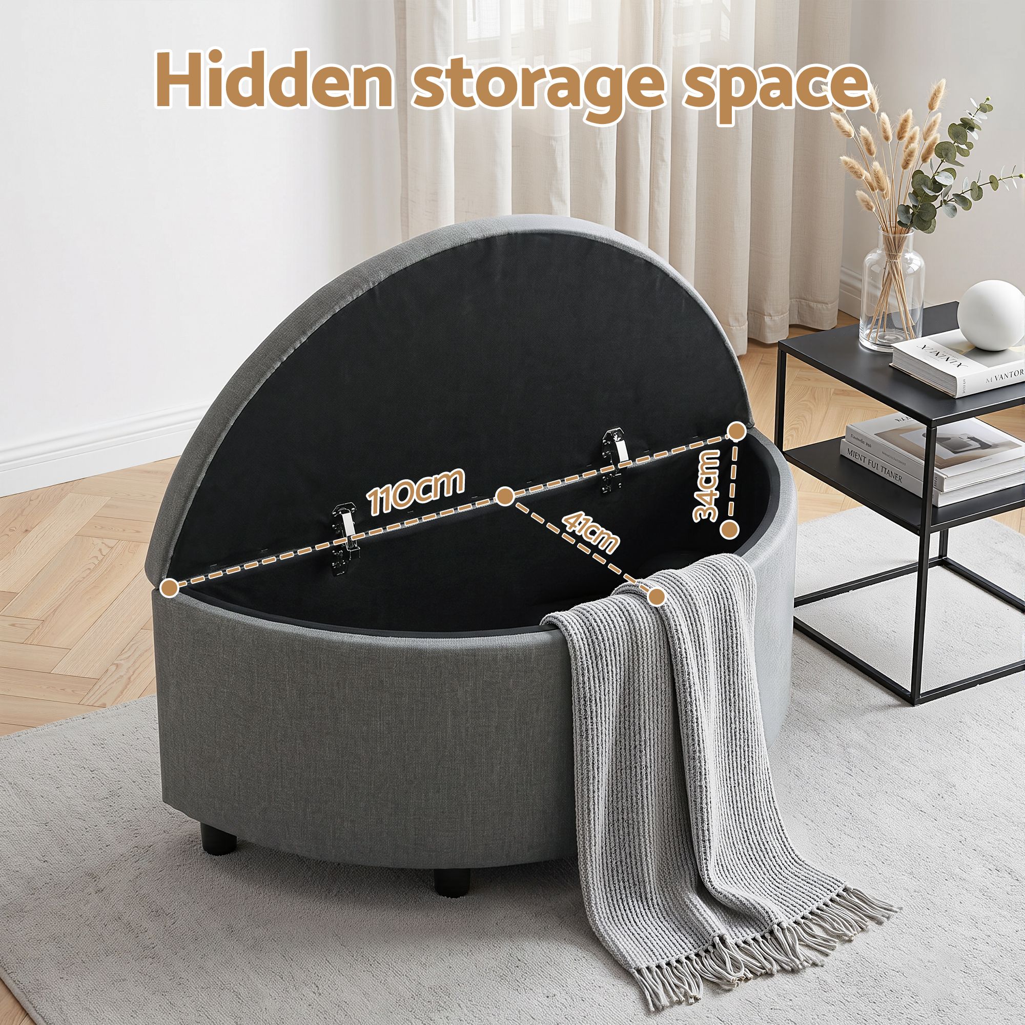 Artiss Storage Ottoman Bench Linen Fabric Tufted Half Round Footstool Grey - Image 5