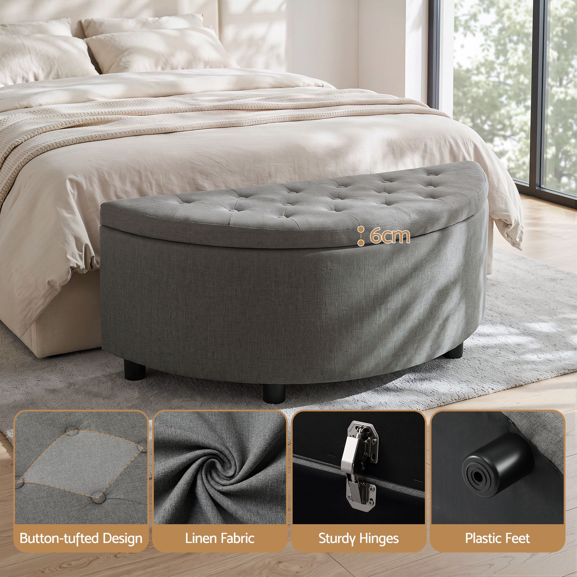 Artiss Storage Ottoman Bench Linen Fabric Tufted Half Round Footstool Grey - Image 6