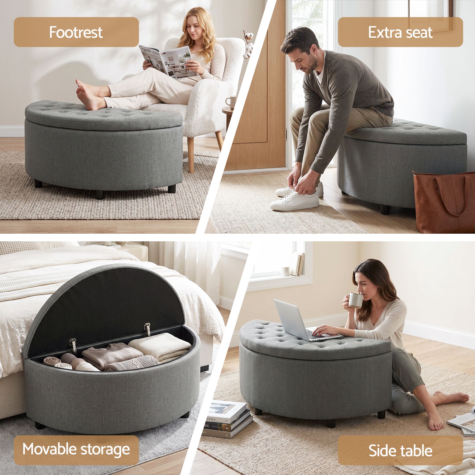Artiss Storage Ottoman Bench Linen Fabric Tufted Half Round Footstool Grey - Image 7