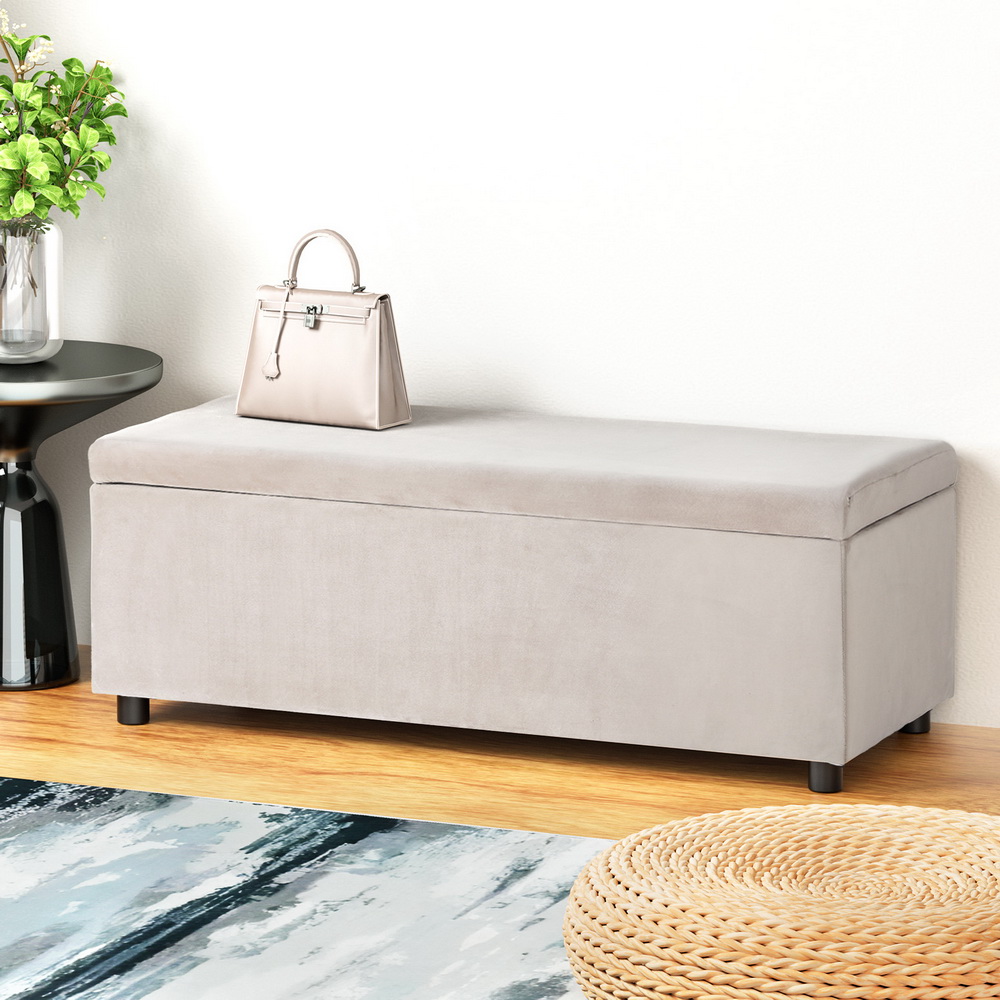 Artiss Storage Ottoman Blanket Box Table 97cm Velvet Taupe - Image 1
