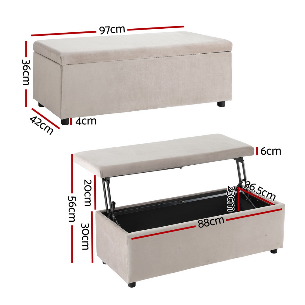 Artiss Storage Ottoman Blanket Box Table 97cm Velvet Taupe - Image 2
