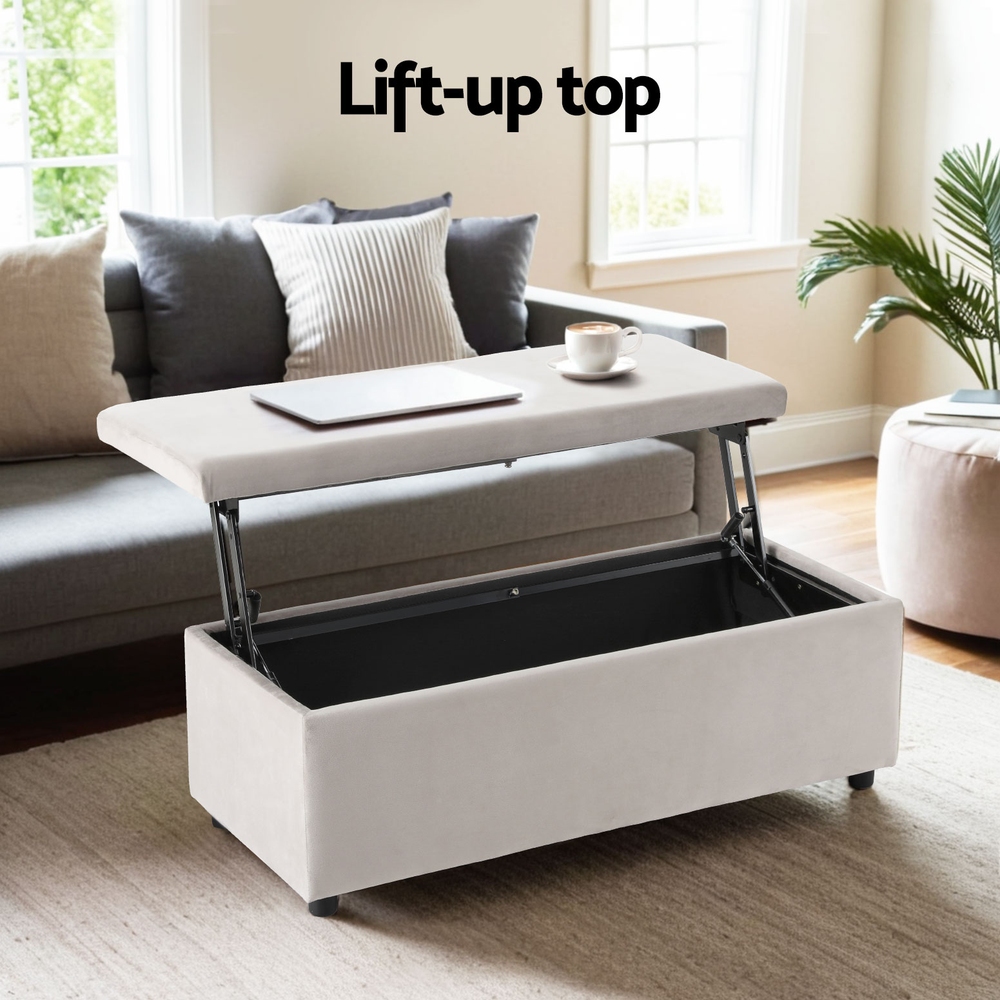Artiss Storage Ottoman Blanket Box Table 97cm Velvet Taupe - Image 5