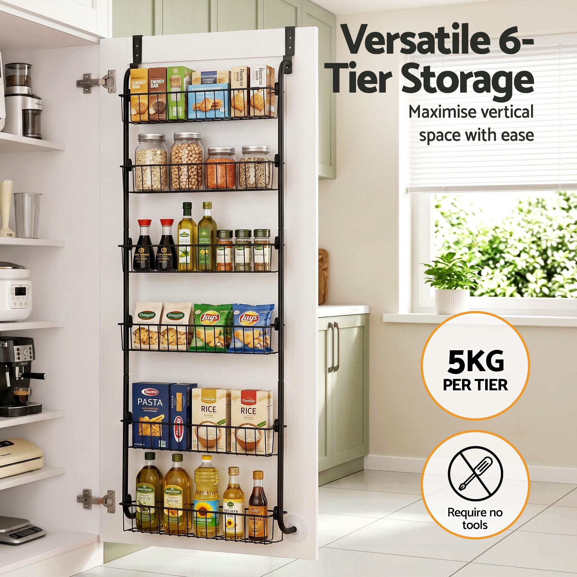 Artiss Over Door Storage Hanger Pantry 6-Tier Metal Hook Hanging Organiser Black - Image 5