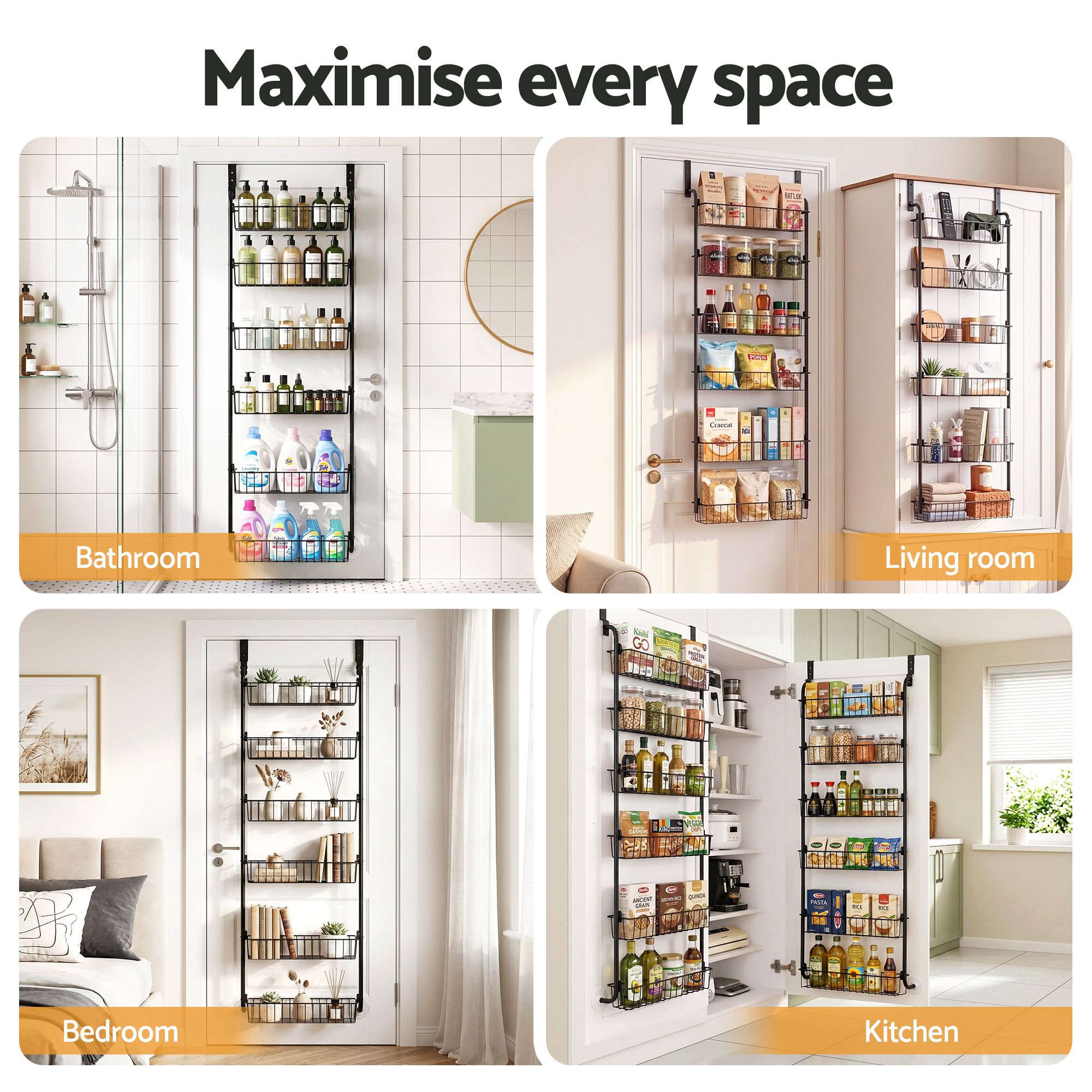 Artiss 2x Over Door Storage Pantry Organiser 6-Tier Metal Hanger Hook Black - Image 8