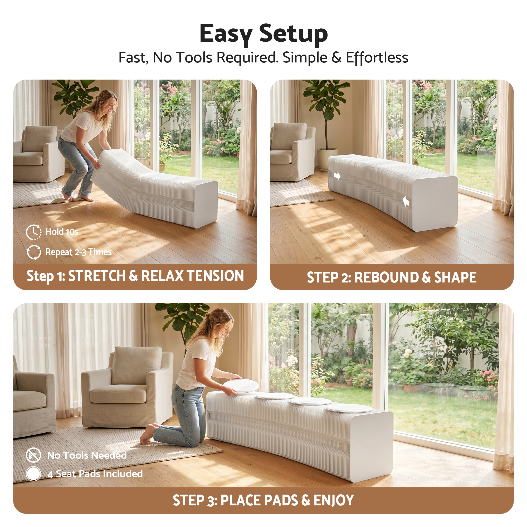 Artiss Folding Paper Bench With 4 PU Leather Seat Pads Expandable Accordion Stool For 4 Seats - Image 5