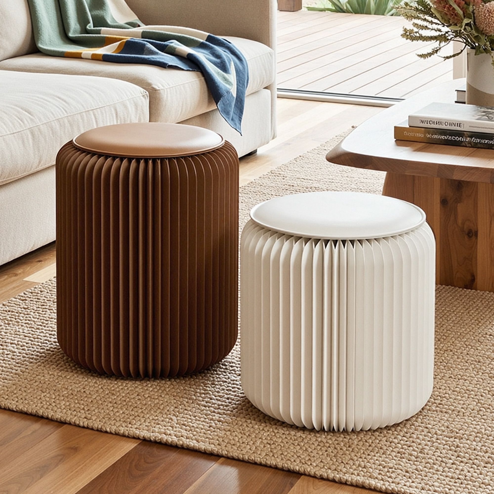 Artiss Accordion Folding Paper Stools Set Includes 2 Cushions Natural Kraft 100KG Capacity - Image 1