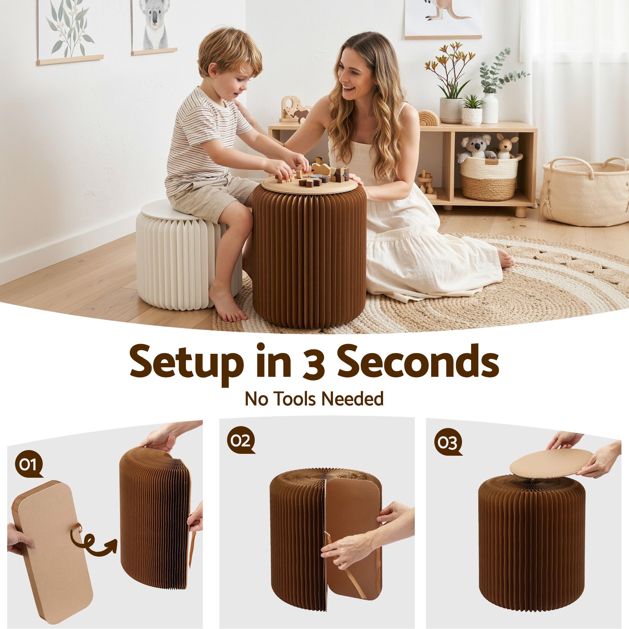 Artiss Accordion Folding Paper Stools Set Includes 2 Cushions Natural Kraft 100KG Capacity - Image 4