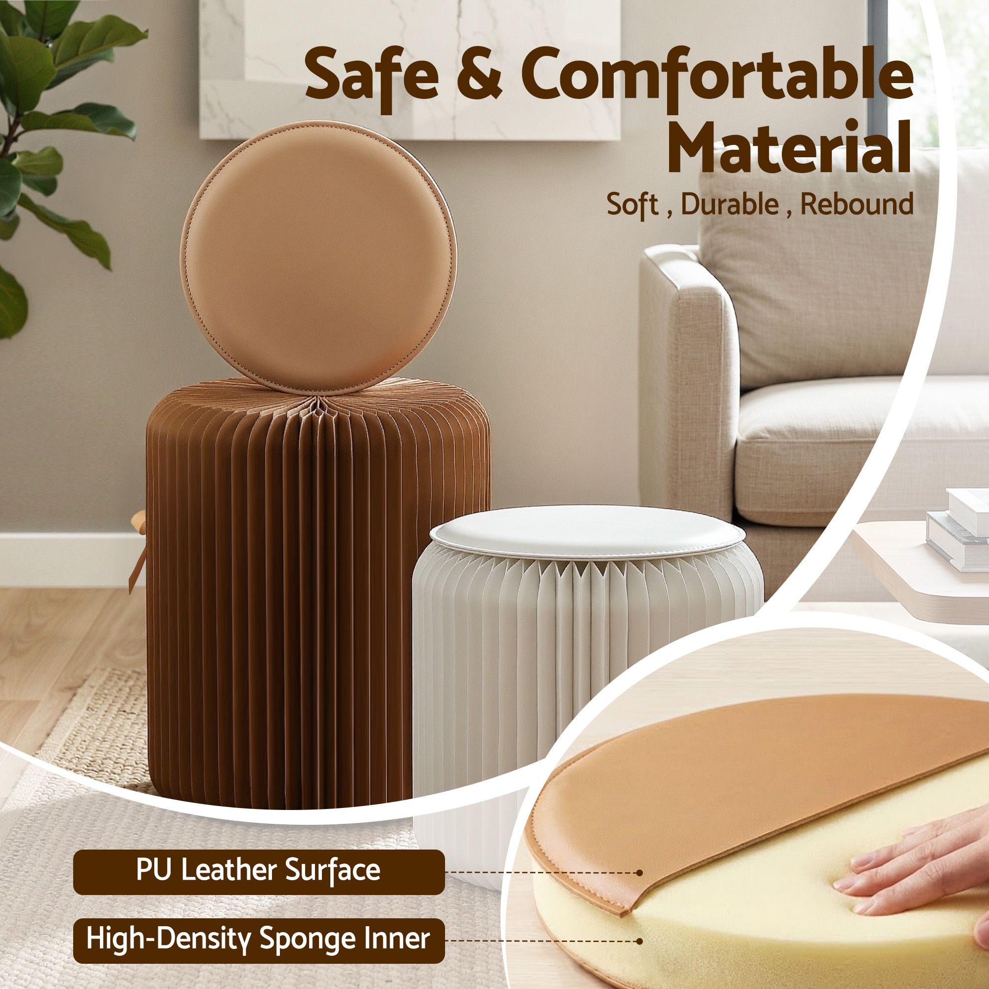 Artiss Accordion Folding Paper Stools Set Includes 2 Cushions Natural Kraft 100KG Capacity - Image 7