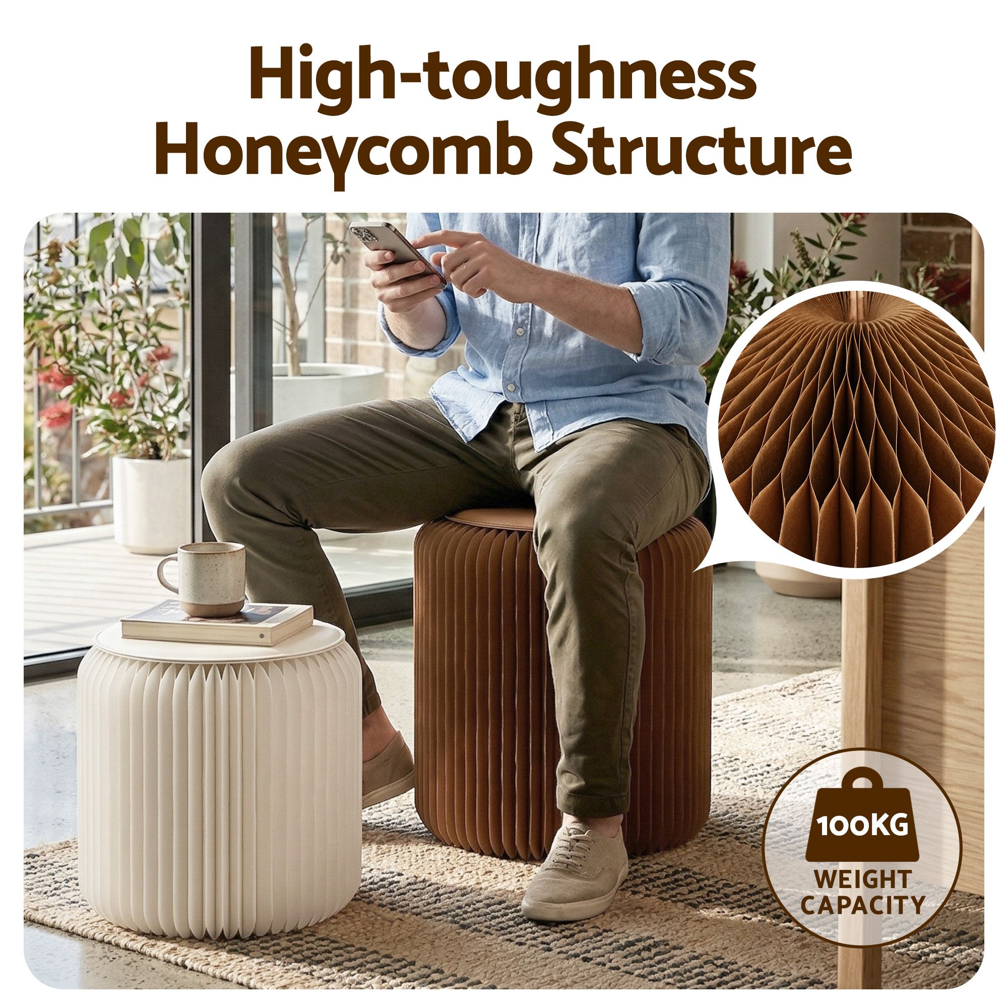 Artiss Accordion Folding Paper Stools Set Includes 2 Cushions Natural Kraft 100KG Capacity - Image 8