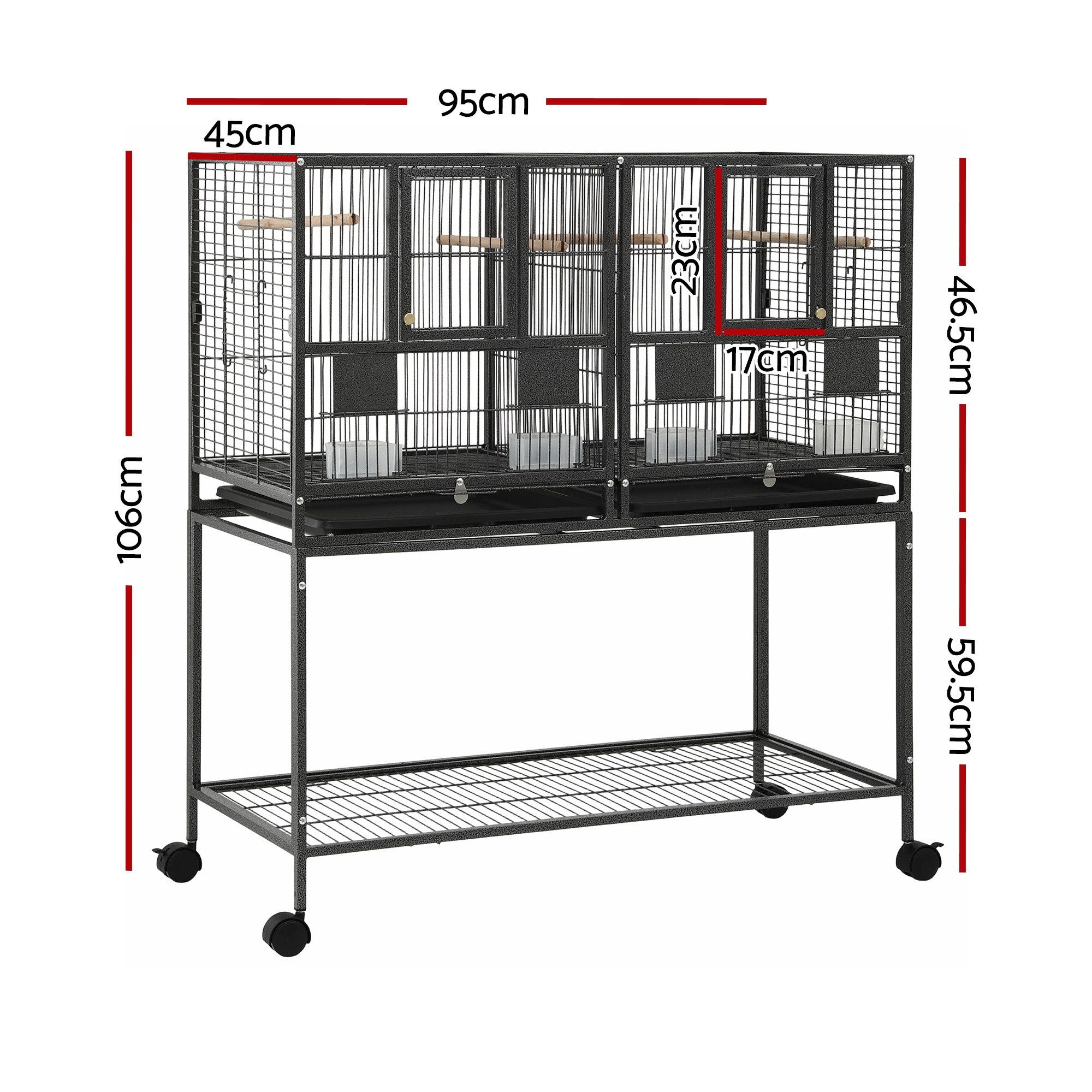 i.Pet 106cm 2-in-1 Bird Cage Aviary with Divider Parrot Budgie Wheels Black - Image 2