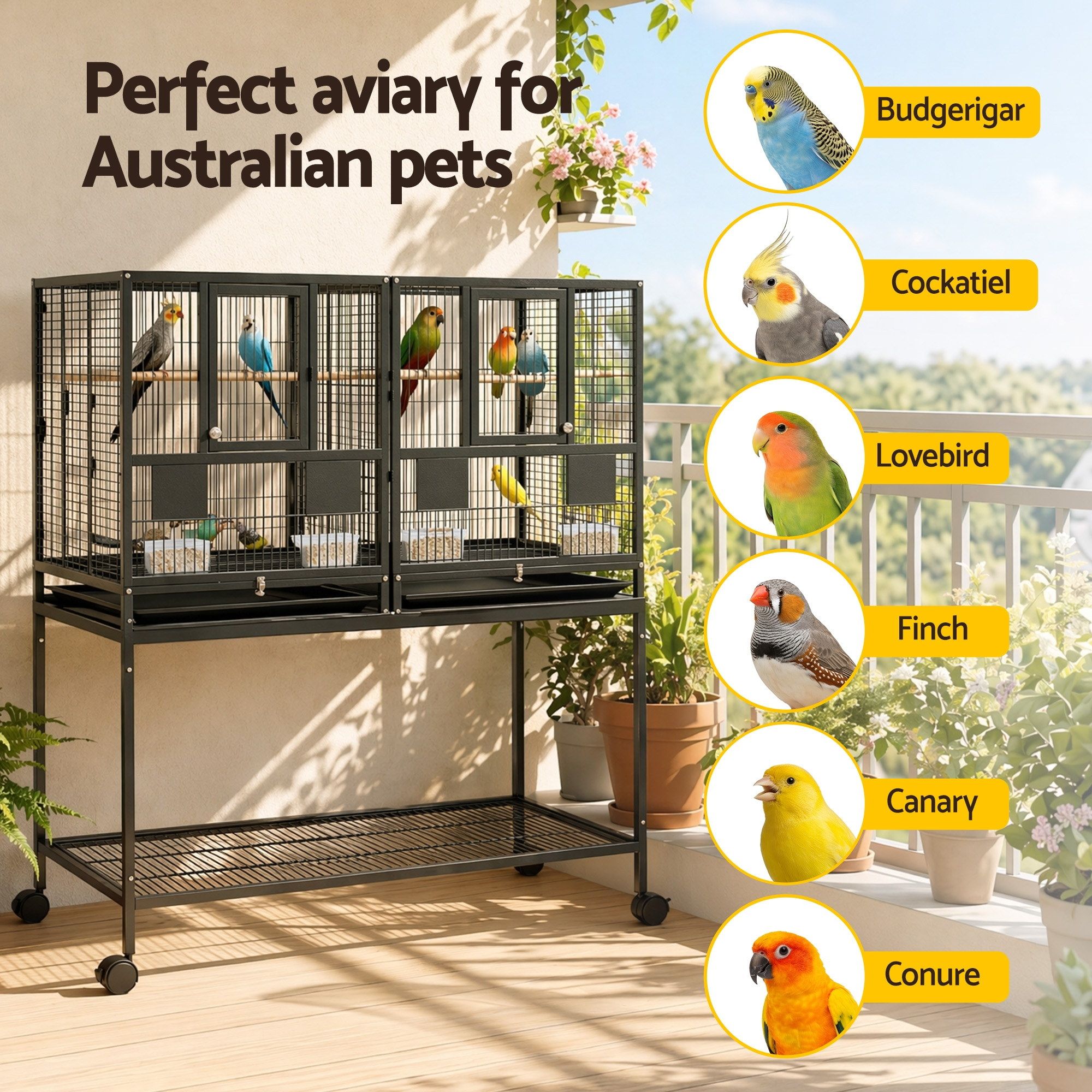 i.Pet 106cm 2-in-1 Bird Cage Aviary with Divider Parrot Budgie Wheels Black - Image 8