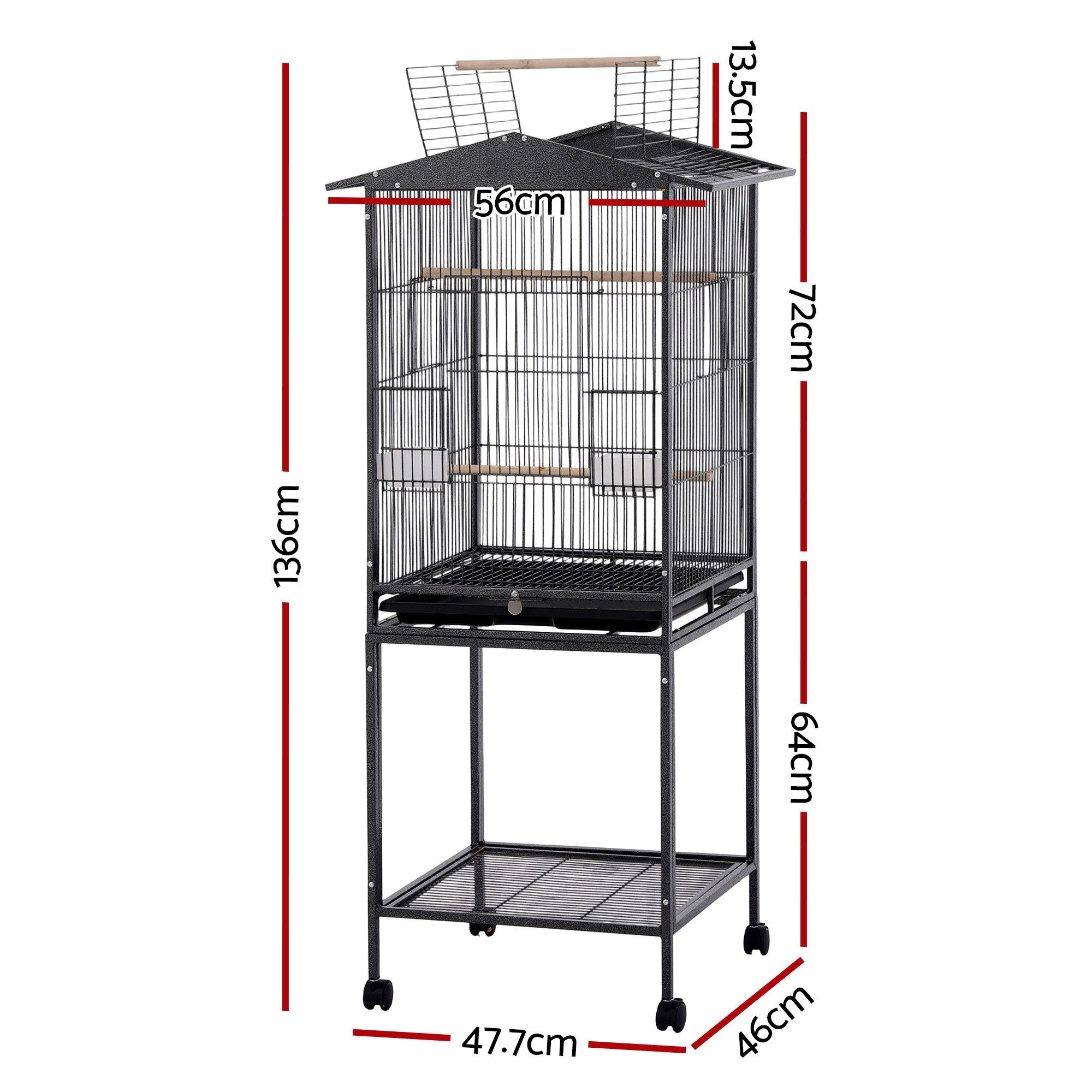 i.Pet 136cm Bird Cage Aviary Open Top Parrot Budgie Stand Wheels Black - Image 2