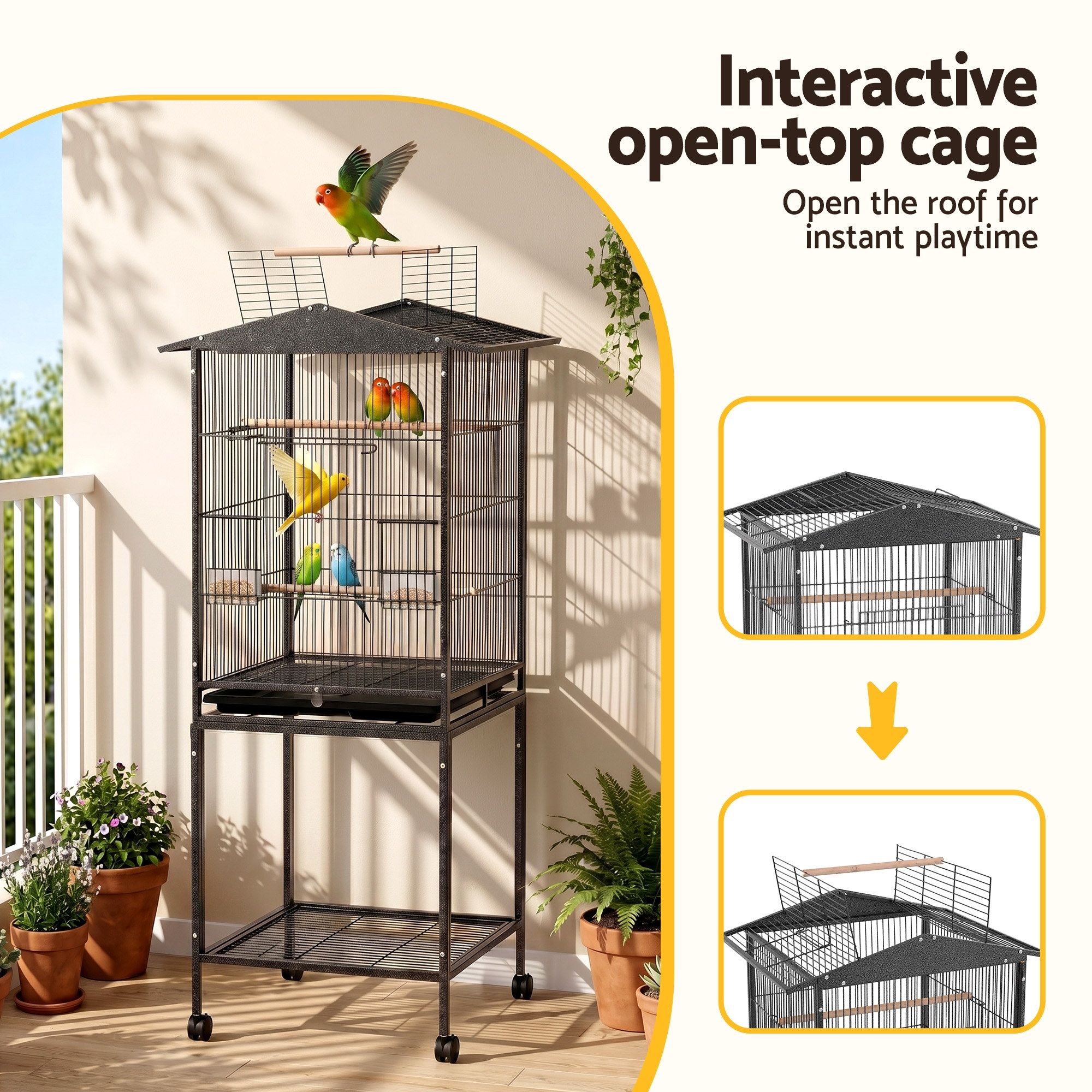 i.Pet 136cm Bird Cage Aviary Open Top Parrot Budgie Stand Wheels Black - Image 4