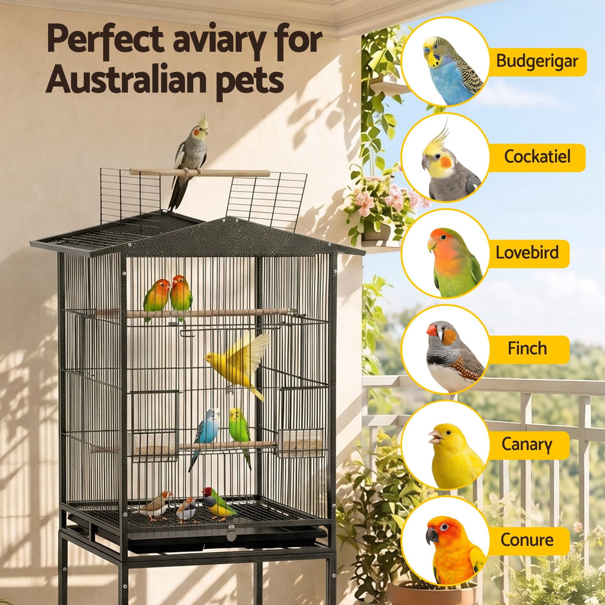 i.Pet 136cm Bird Cage Aviary Open Top Parrot Budgie Stand Wheels Black - Image 8