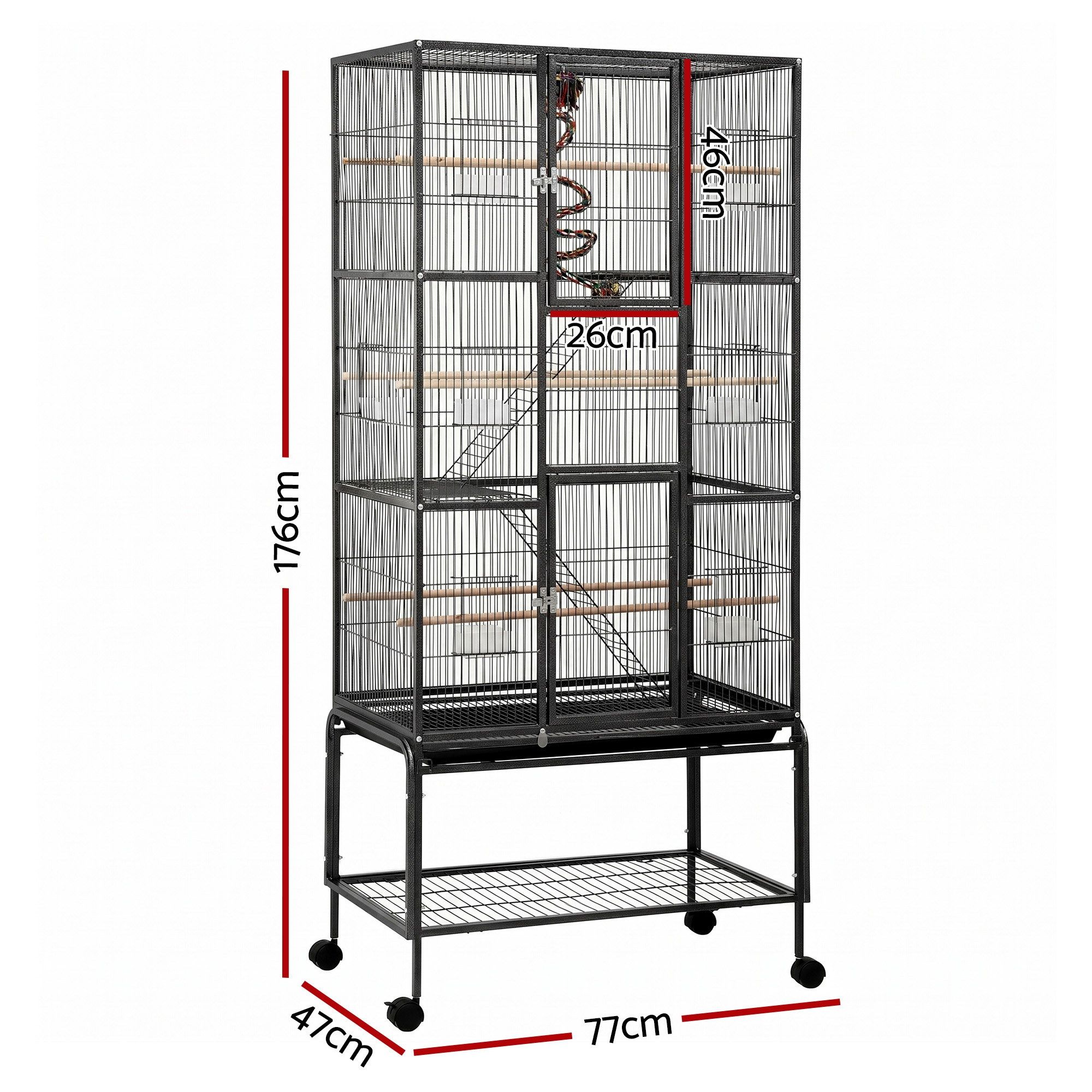 i.Pet 176cm 3-Tier Large Bird Cage Aviary with Ladder Parrot Budgie Wheels Black - Image 2