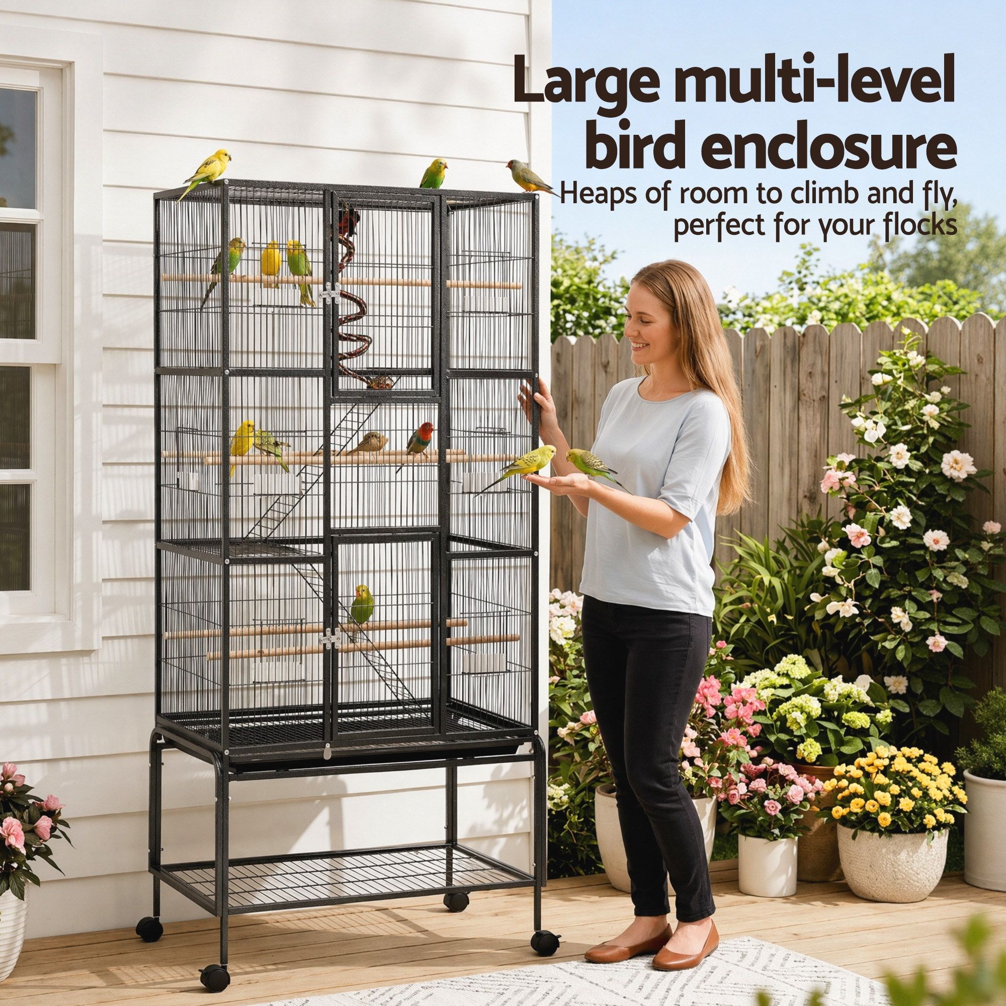 i.Pet 176cm 3-Tier Large Bird Cage Aviary with Ladder Parrot Budgie Wheels Black - Image 4