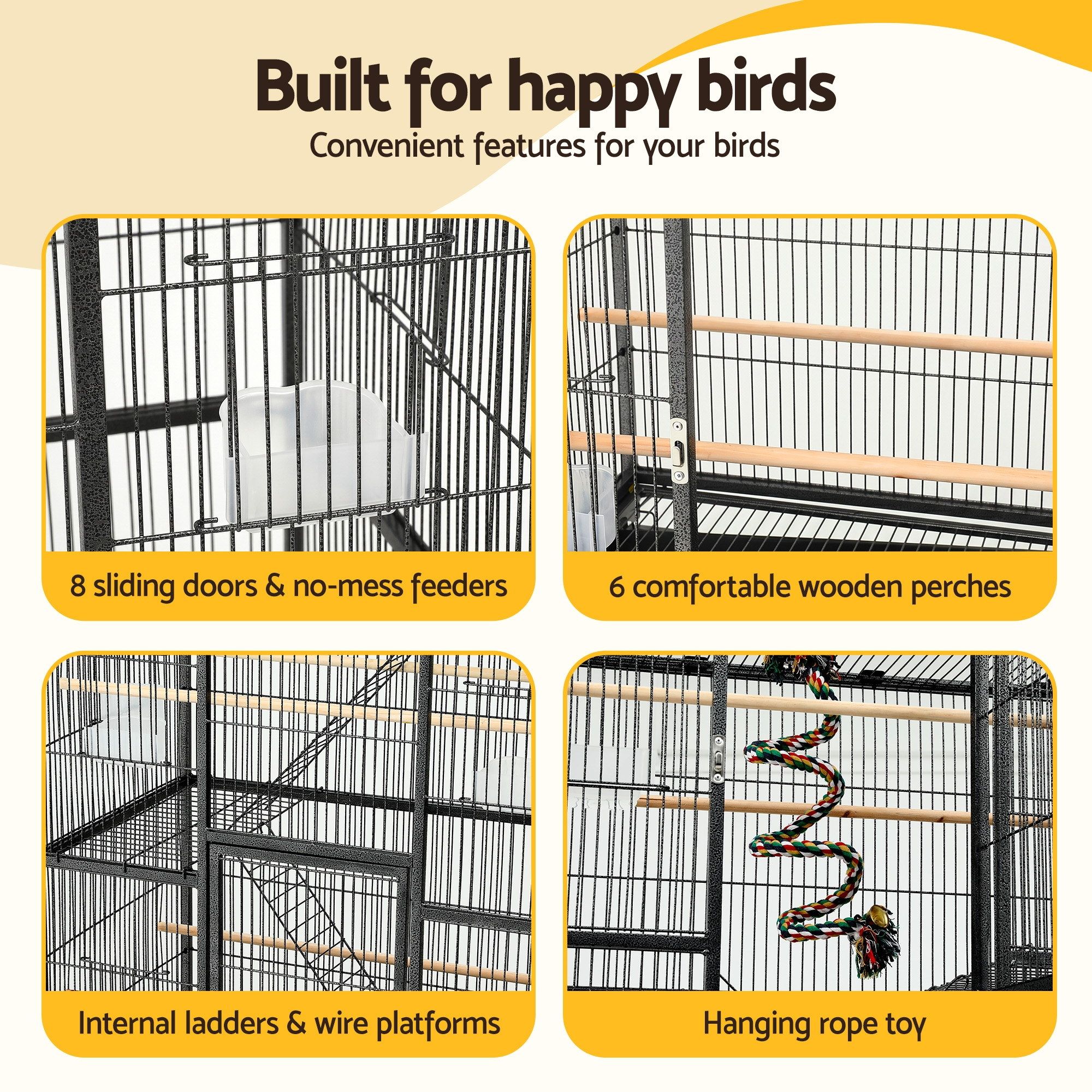 i.Pet 176cm 3-Tier Large Bird Cage Aviary with Ladder Parrot Budgie Wheels Black - Image 5